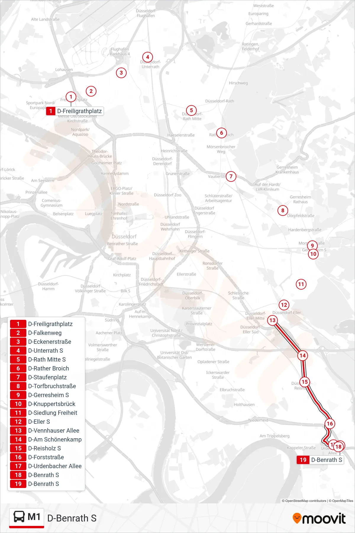 M1 bus Line (D-Benrath S) route and stops on a map