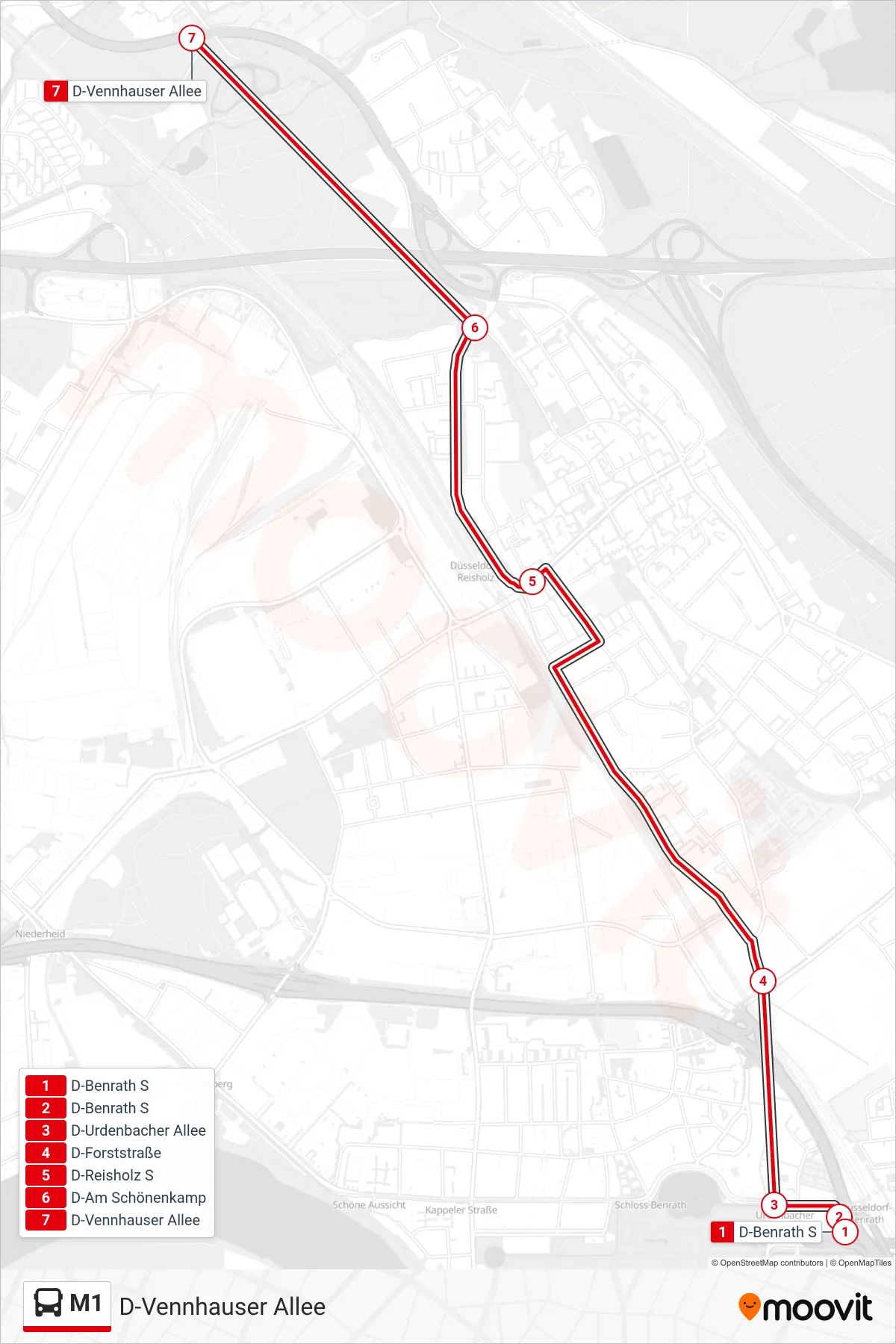 Linie M1 (Bus) Richtung D-Vennhauser Allee: Route und Haltestellen auf der Karte
