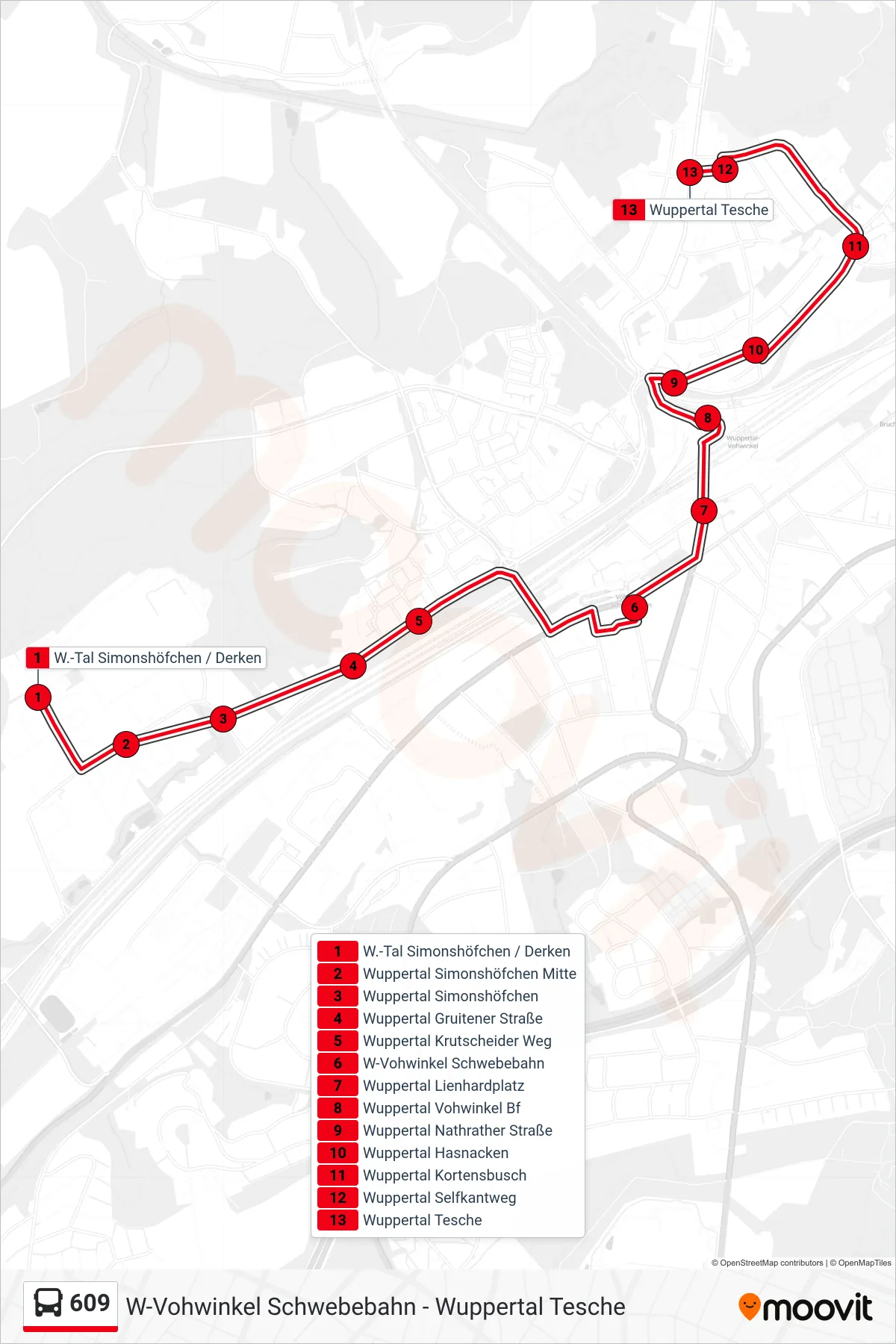Linie 609 (Bus) Richtung Wuppertal Tesche: Route und Haltestellen auf der Karte