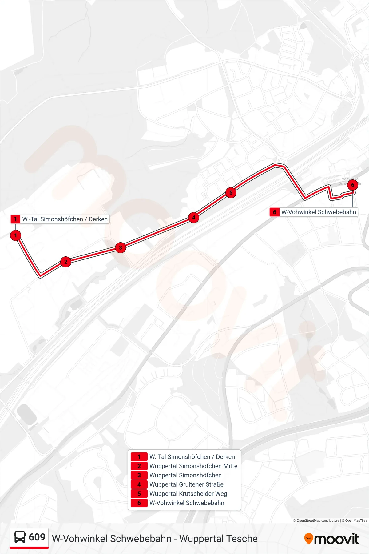 609 bus Line (W-Vohwinkel Schwebebahn) route and stops on a map