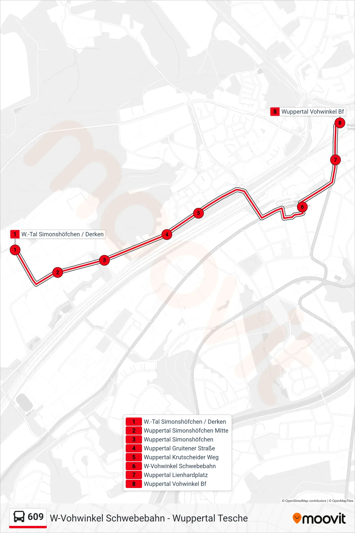 609 bus Line (Wuppertal Vohwinkel Bf) route and stops on a map