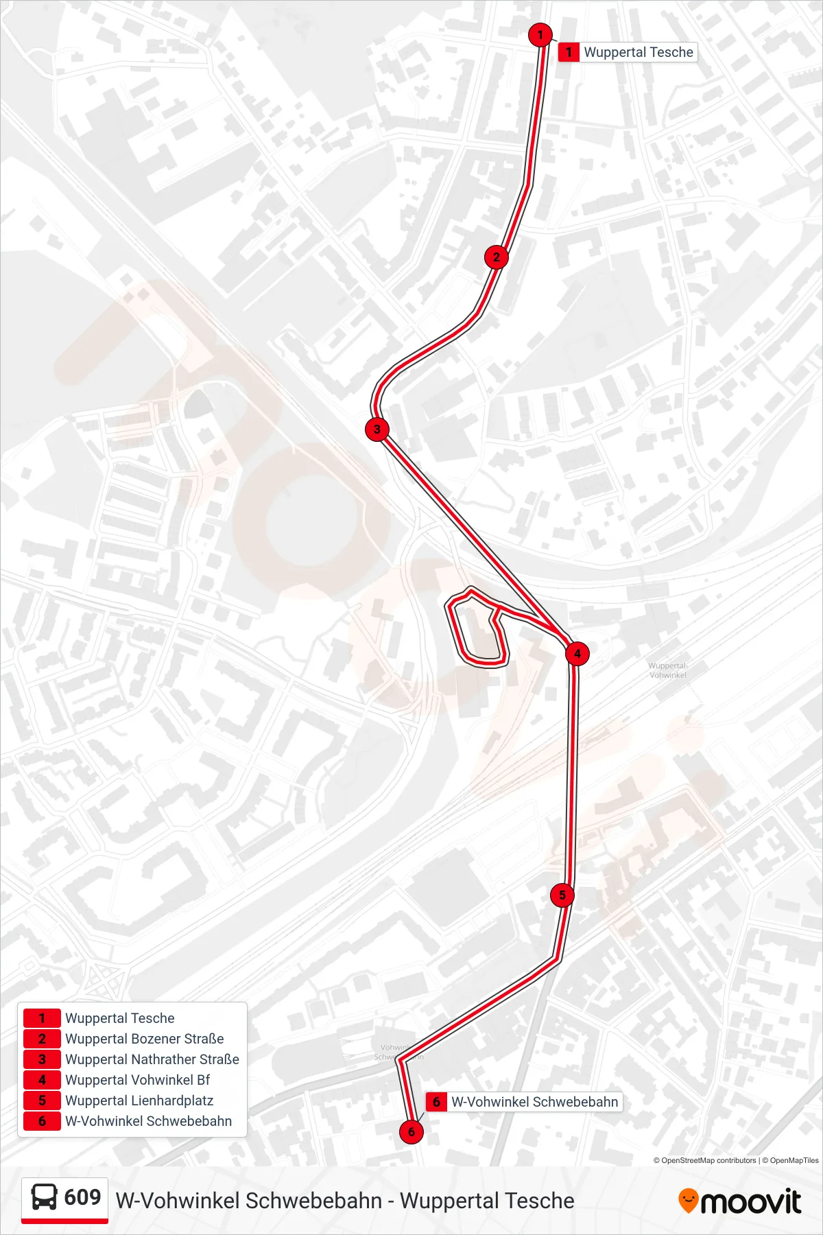 Linie 609 (Bus) Richtung W-Vohwinkel Schwebebahn: Route und Haltestellen auf der Karte