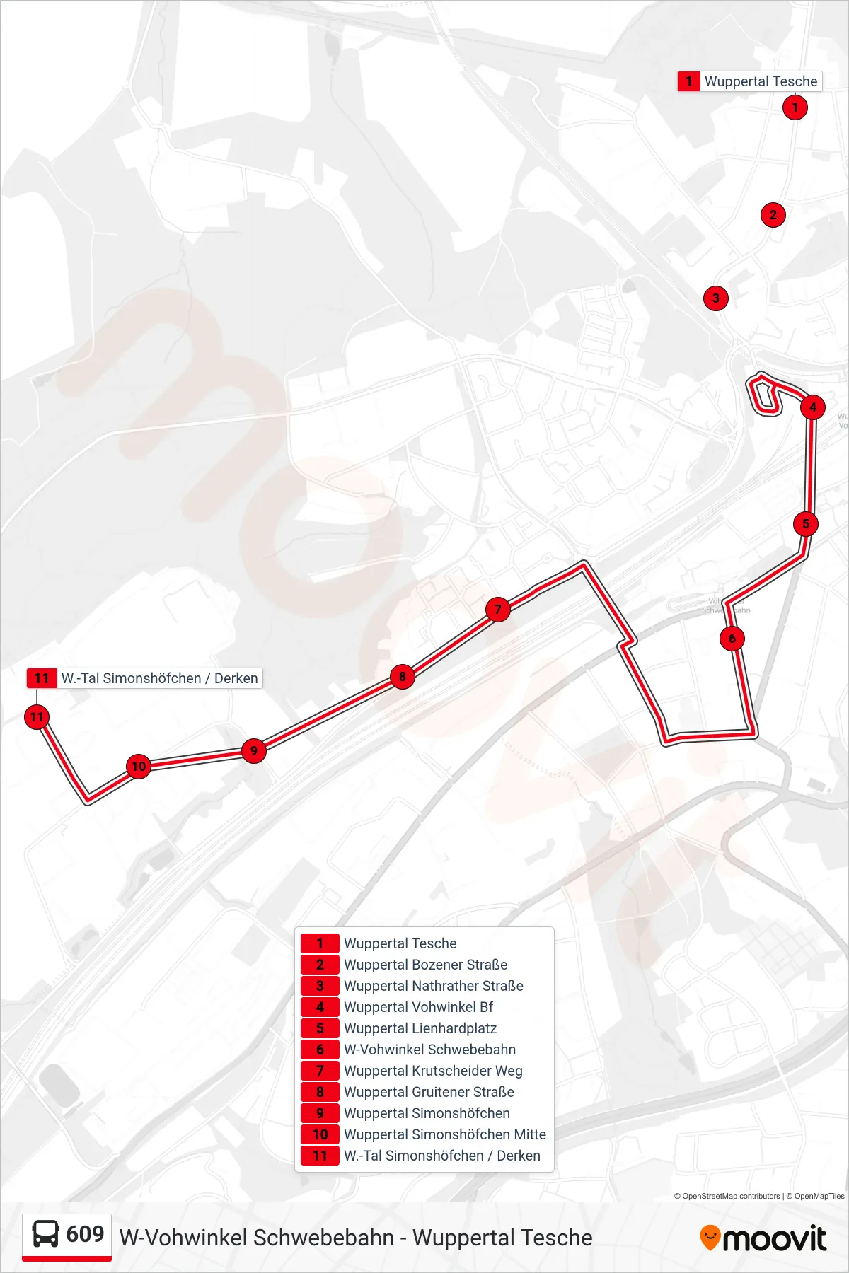 Linie 609 (Bus) Richtung W.-Tal Simonshöfchen / Derken: Route und Haltestellen auf der Karte