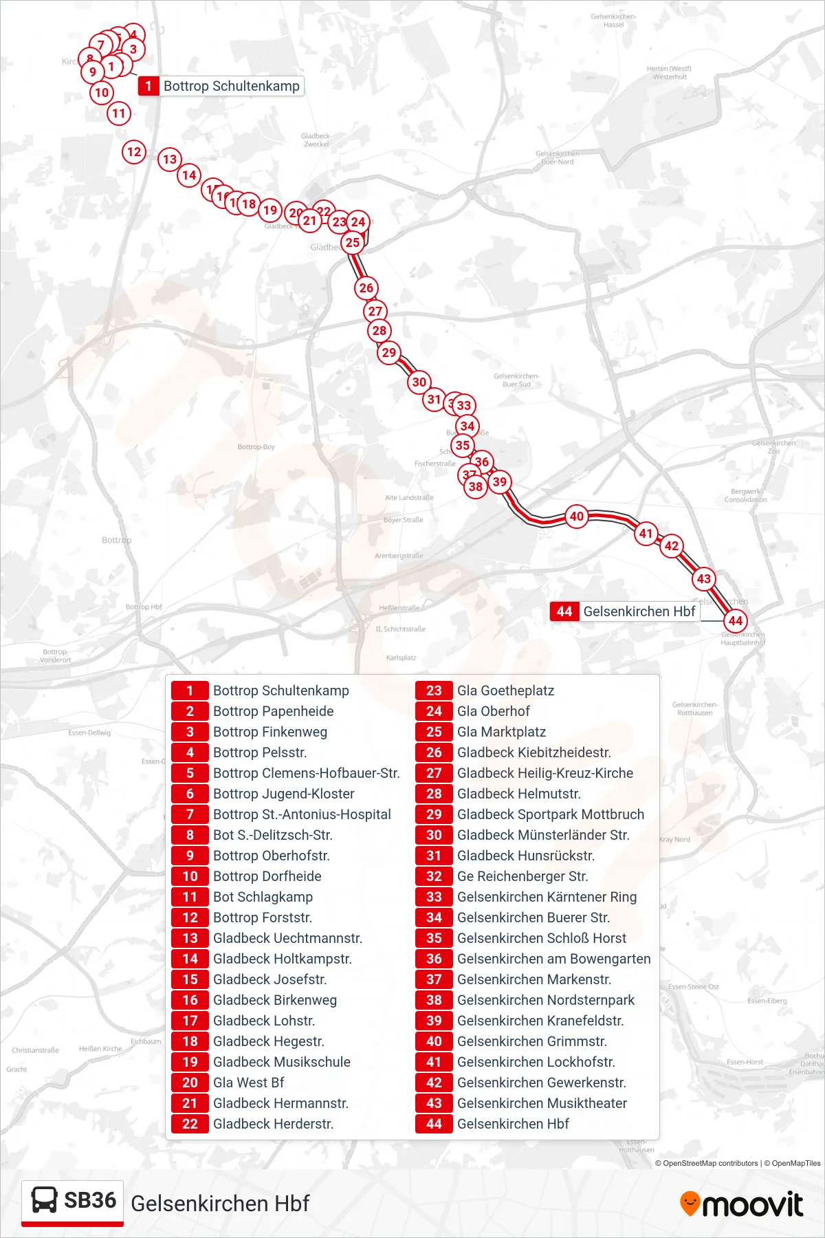 SB36 bus Line (Gelsenkirchen Hbf) route and stops on a map