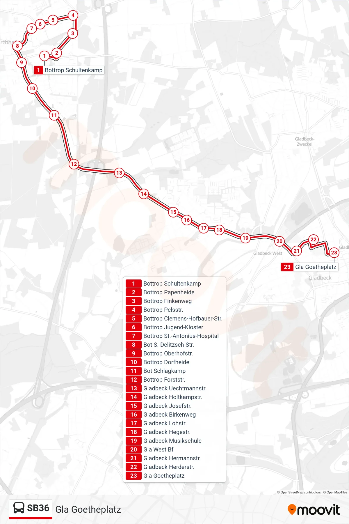 SB36 bus Line (Gla Goetheplatz) route and stops on a map