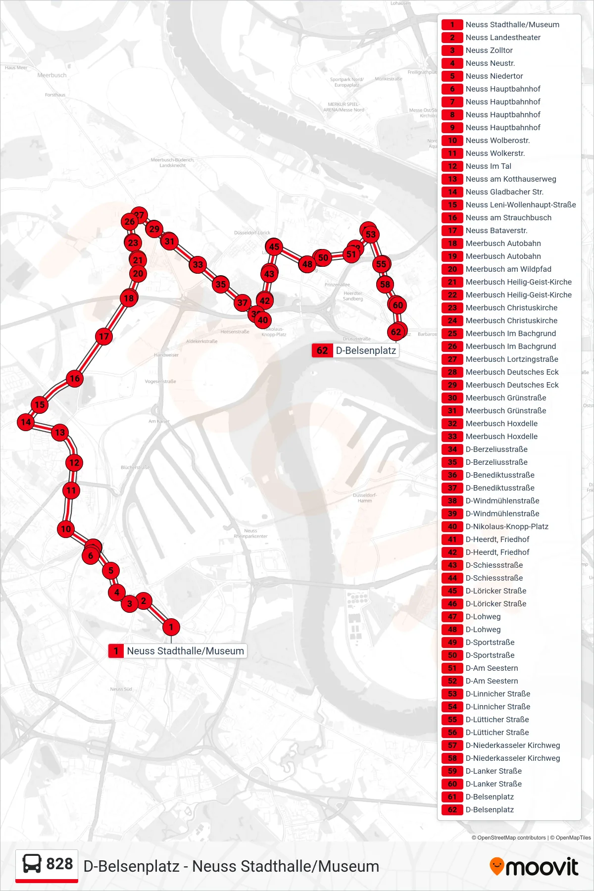 Linie 828 (Bus) Richtung D-Belsenplatz: Route und Haltestellen auf der Karte