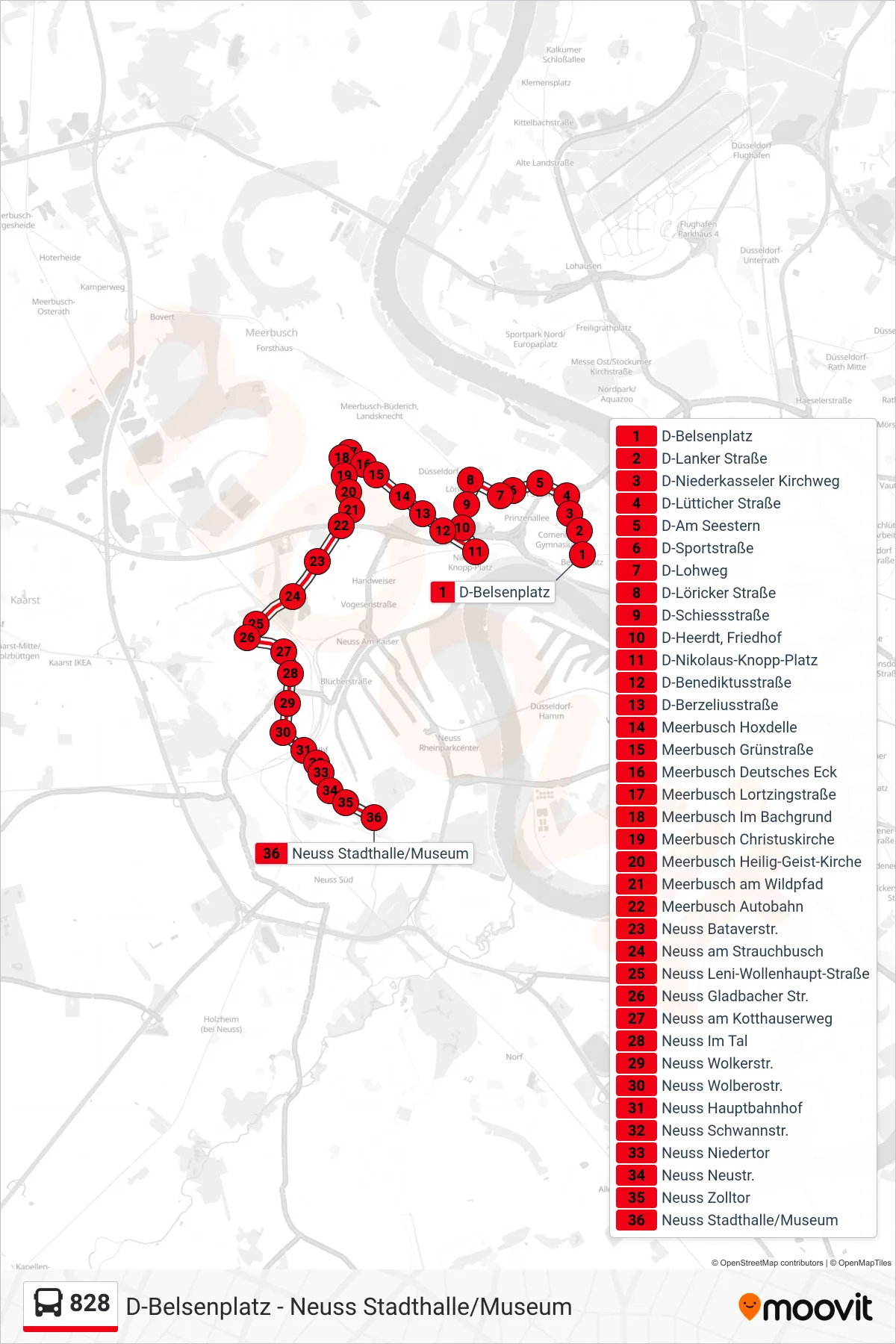 Linie 828 (Bus) Richtung Neuss Stadthalle/Museum: Route und Haltestellen auf der Karte