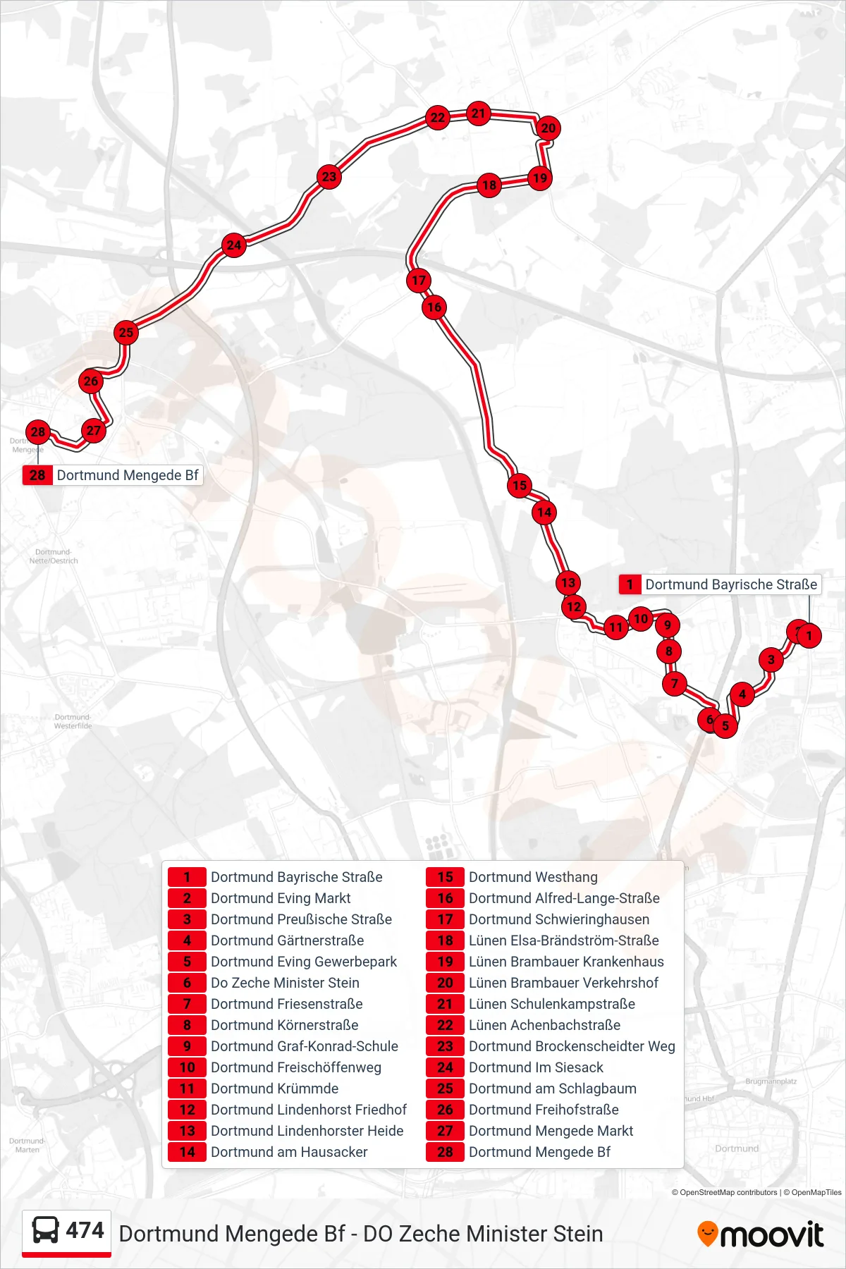 474 bus Line (Dortmund Mengede Bf) route and stops on a map