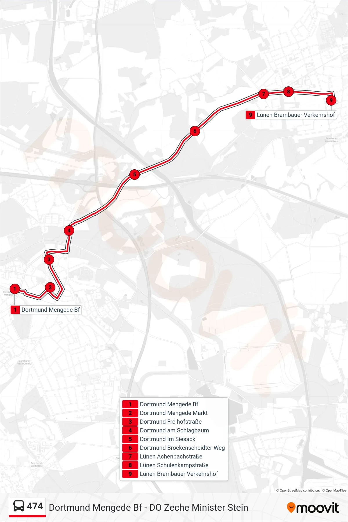 Linie 474 (Bus) Richtung Lünen Brambauer Verkehrshof: Route und Haltestellen auf der Karte