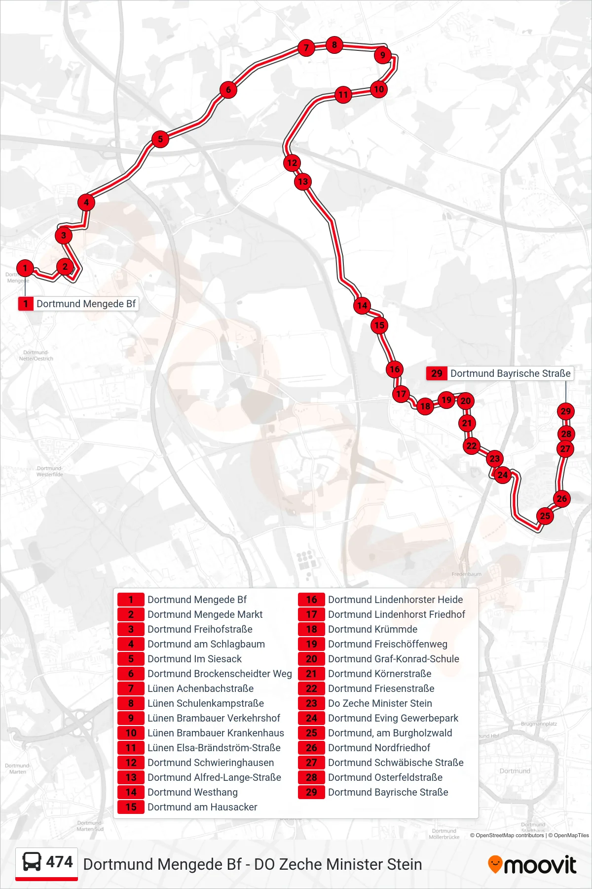 Linie 474 (Bus) Richtung Dortmund Bayrische Straße: Route und Haltestellen auf der Karte