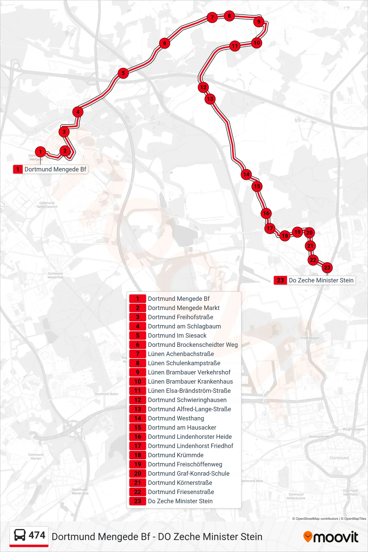 474 bus Line (Do Zeche Minister Stein) route and stops on a map