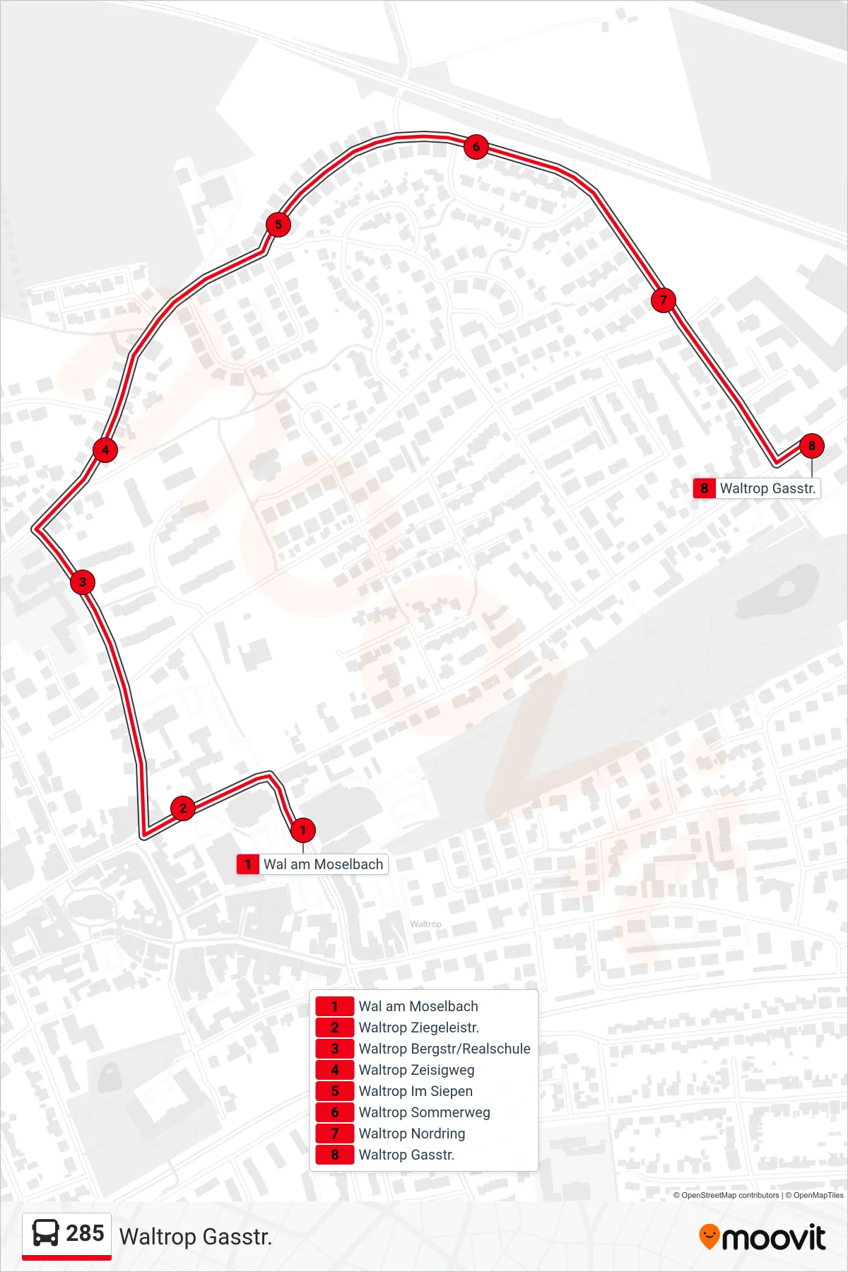 285 bus Line (Waltrop Gasstr.) route and stops on a map