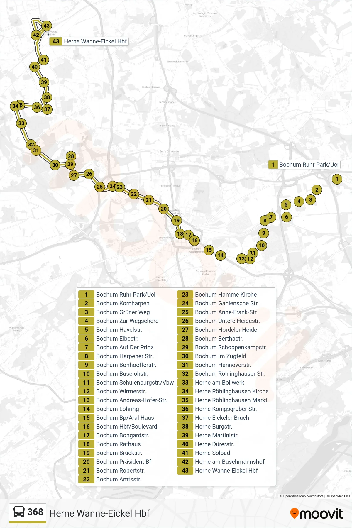 368 bus Line (Herne Wanne-Eickel Hbf) route and stops on a map