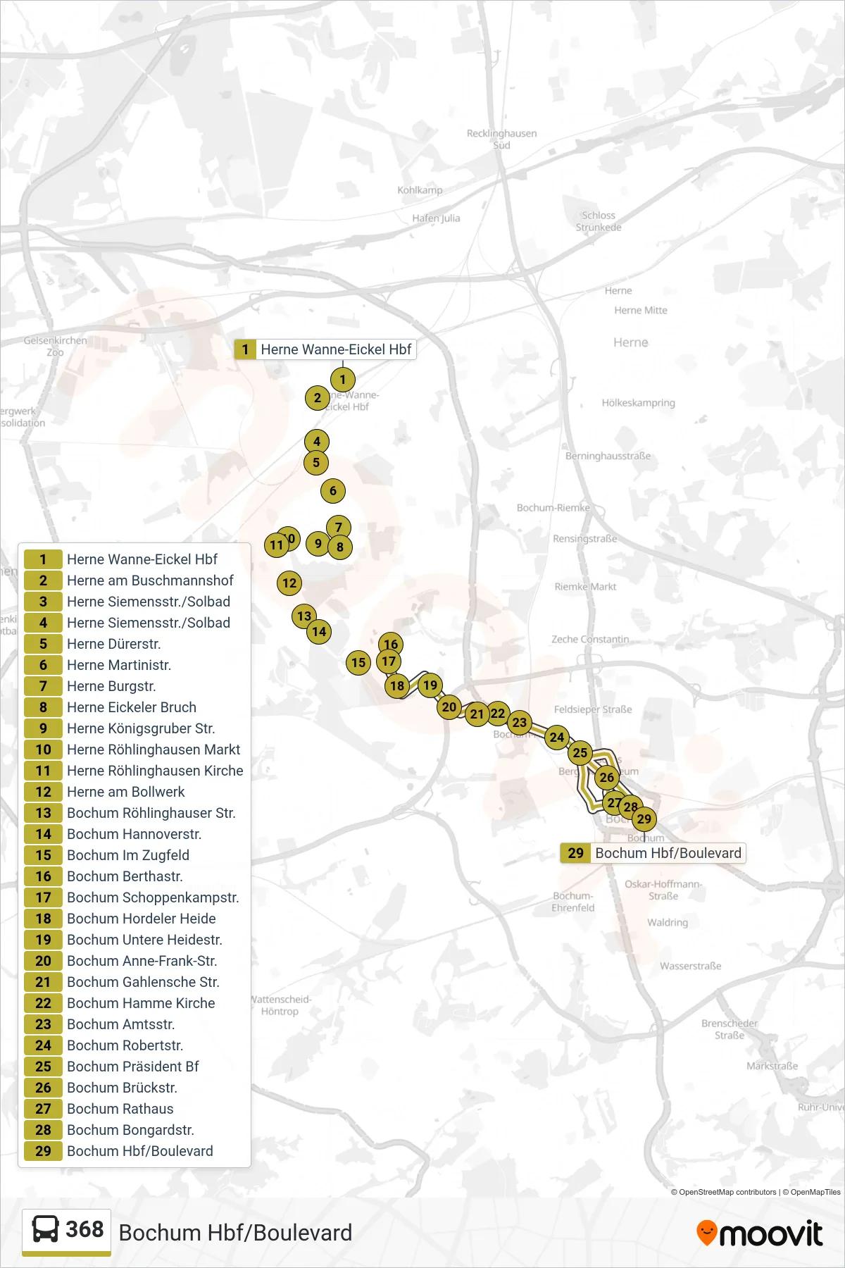 Linie 368 (Bus) Richtung Bochum Hbf/Boulevard: Route und Haltestellen auf der Karte