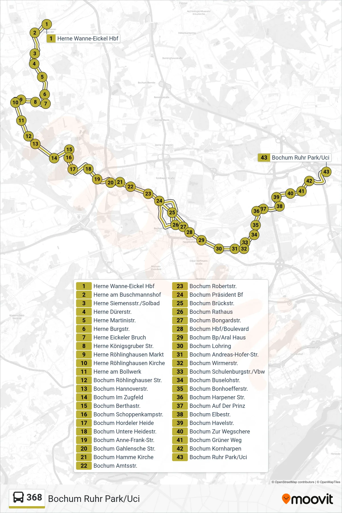 Linie 368 (Bus) Richtung Bochum Ruhr Park/Uci: Route und Haltestellen auf der Karte