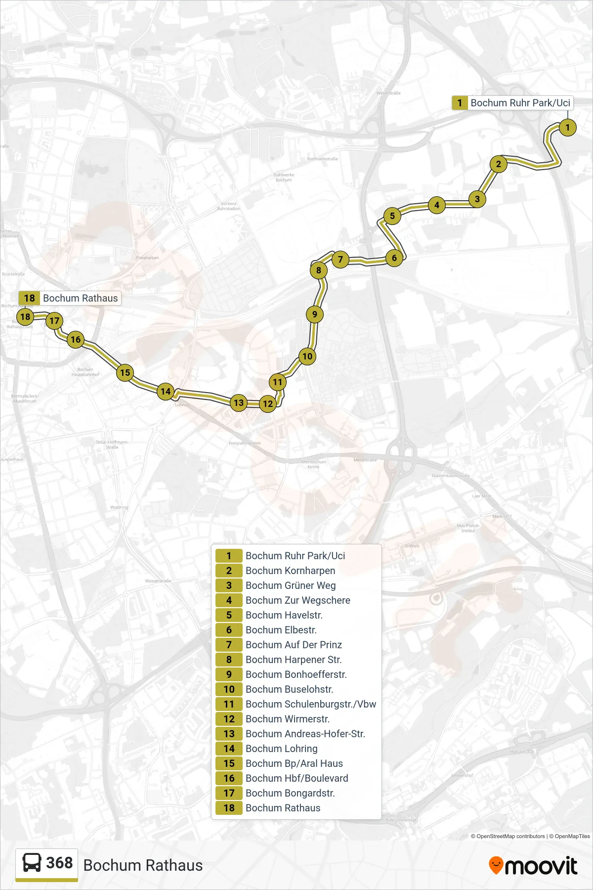 Linie 368 (Bus) Richtung Bochum Rathaus: Route und Haltestellen auf der Karte