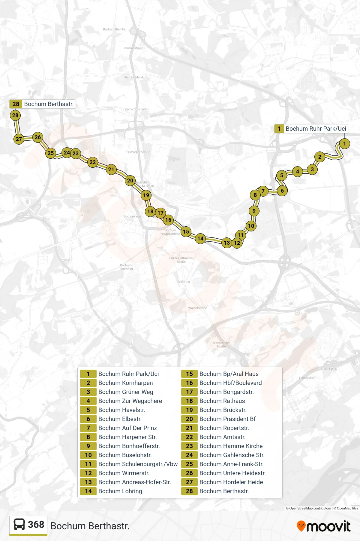 Linie 368 (Bus) Richtung Bochum Berthastr.: Route und Haltestellen auf der Karte