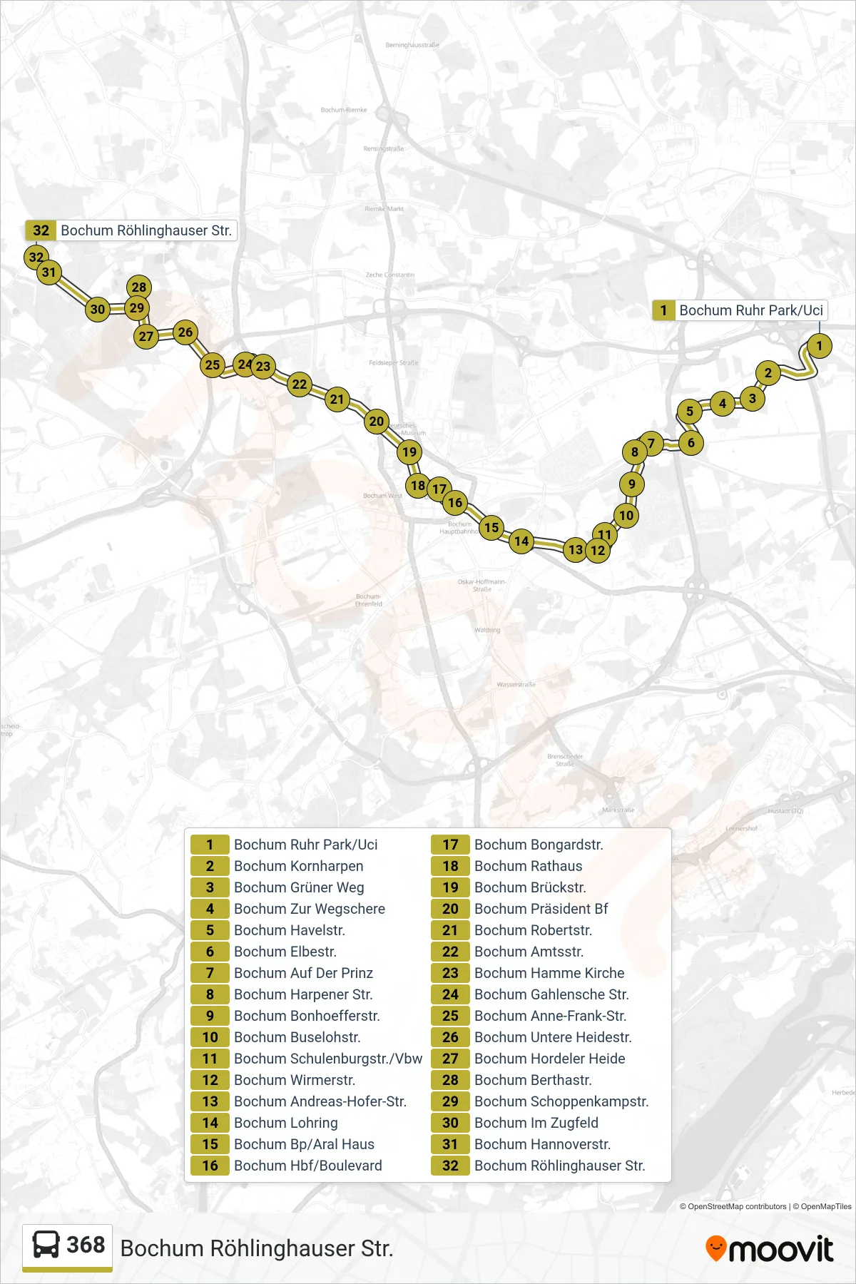 Linie 368 (Bus) Richtung Bochum Röhlinghauser Str.: Route und Haltestellen auf der Karte