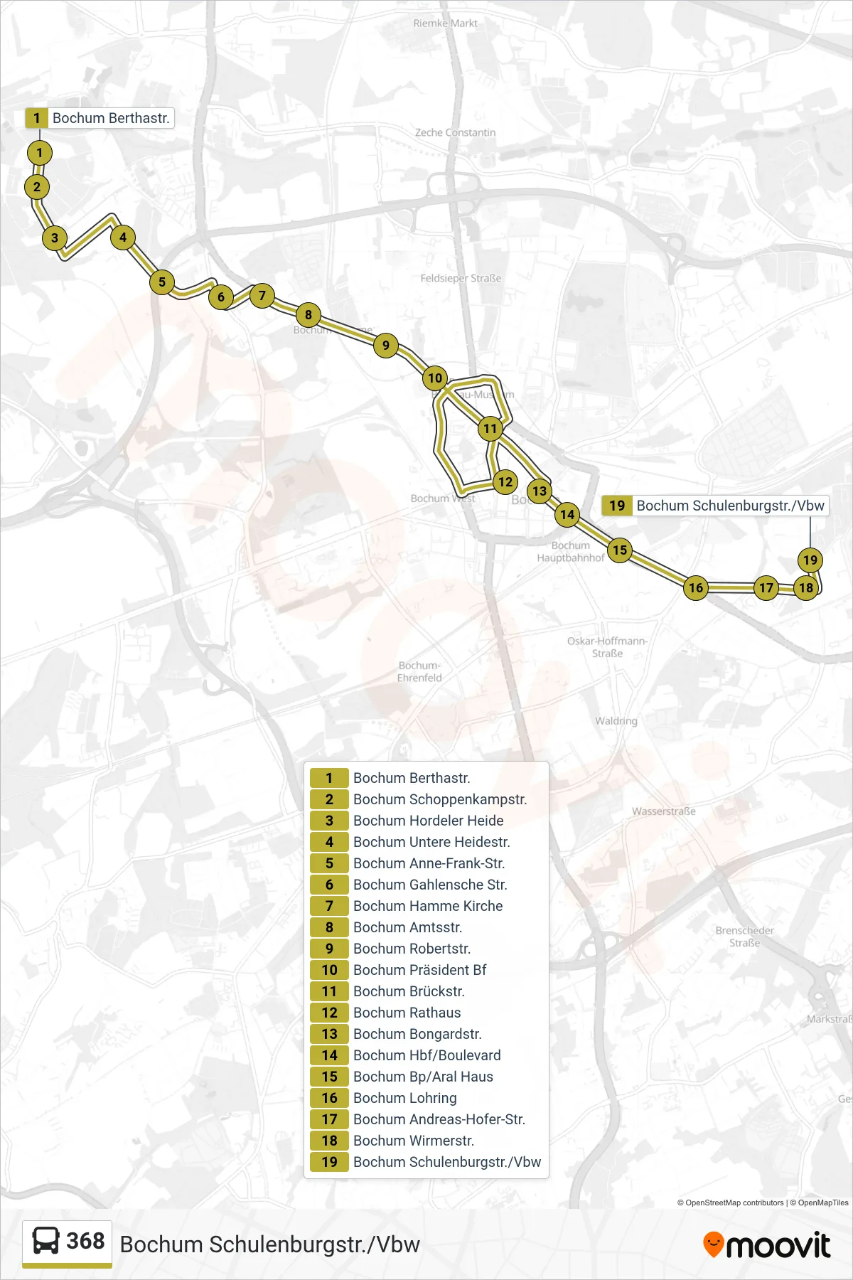 368 bus Line (Bochum Schulenburgstr./Vbw) route and stops on a map