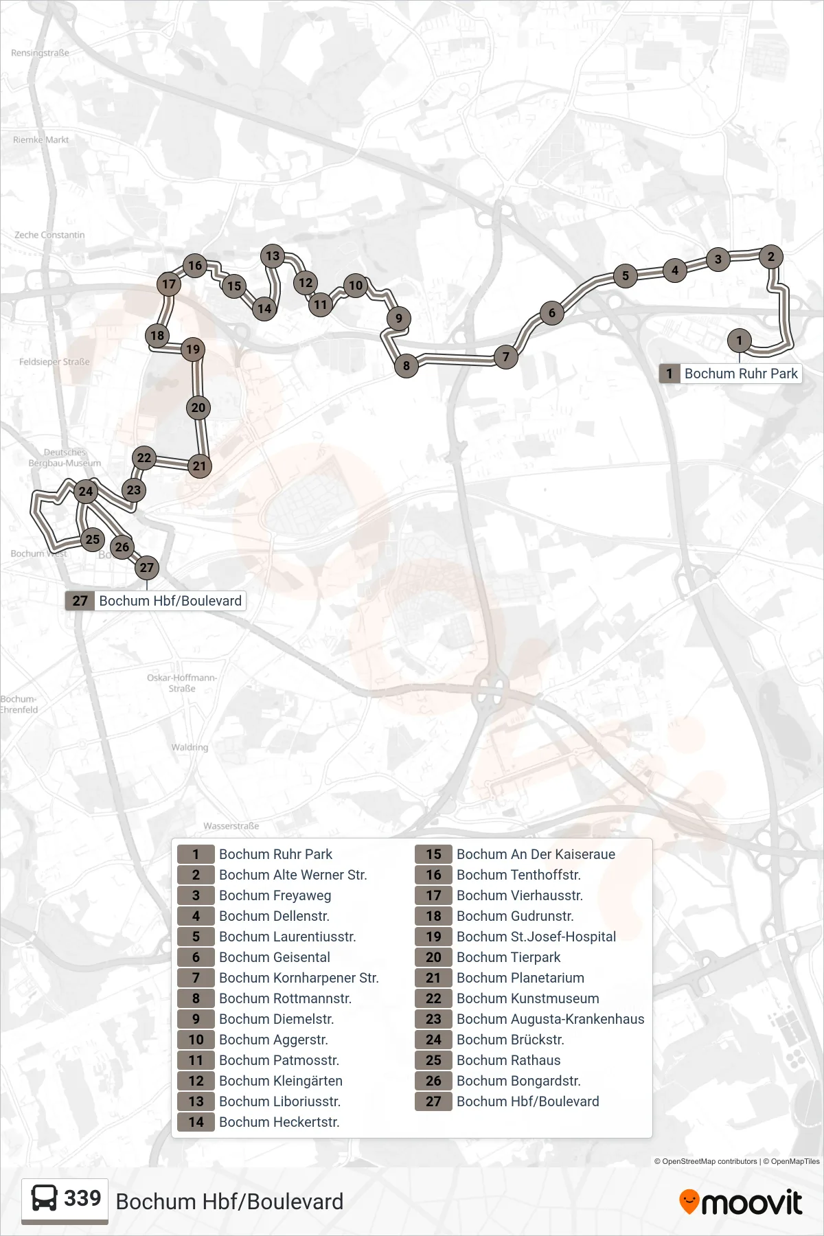 Linie 339 (Bus) Richtung Bochum Hbf/Boulevard: Route und Haltestellen auf der Karte