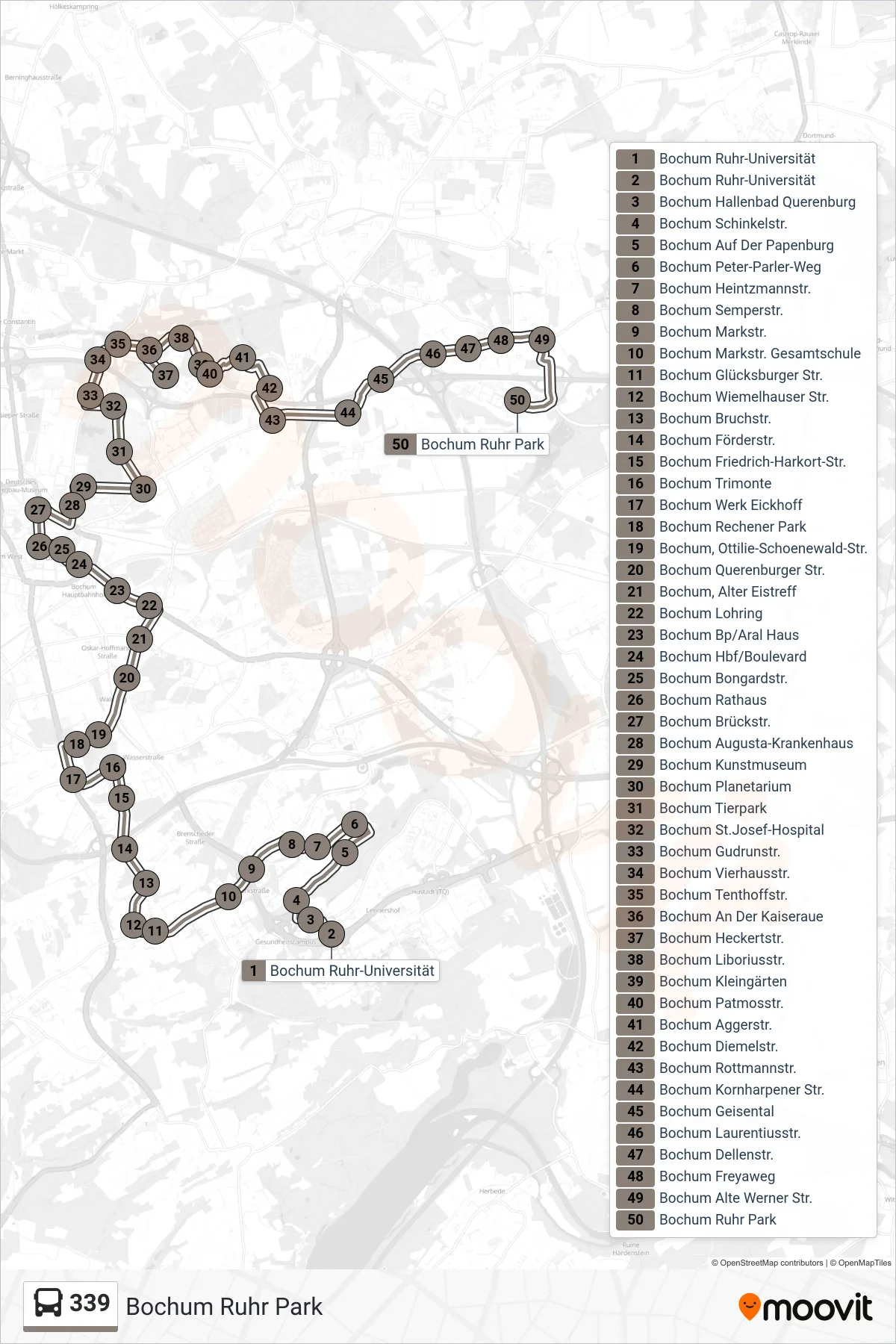 Linie 339 (Bus) Richtung Bochum Ruhr Park: Route und Haltestellen auf der Karte
