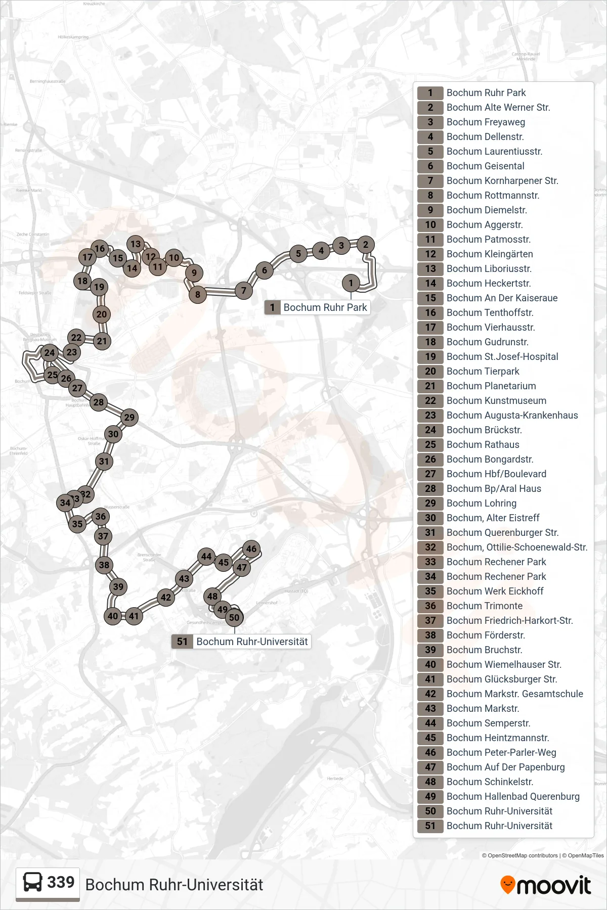 Linie 339 (Bus) Richtung Bochum Ruhr-Universität: Route und Haltestellen auf der Karte