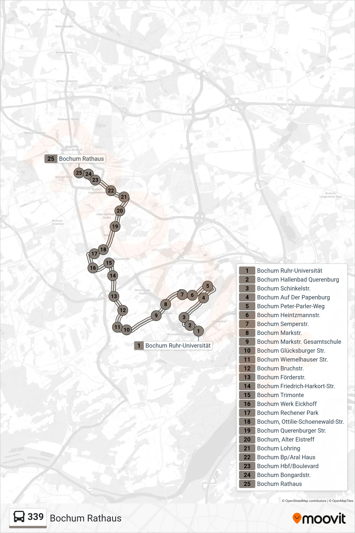 339 bus Line (Bochum Rathaus) route and stops on a map