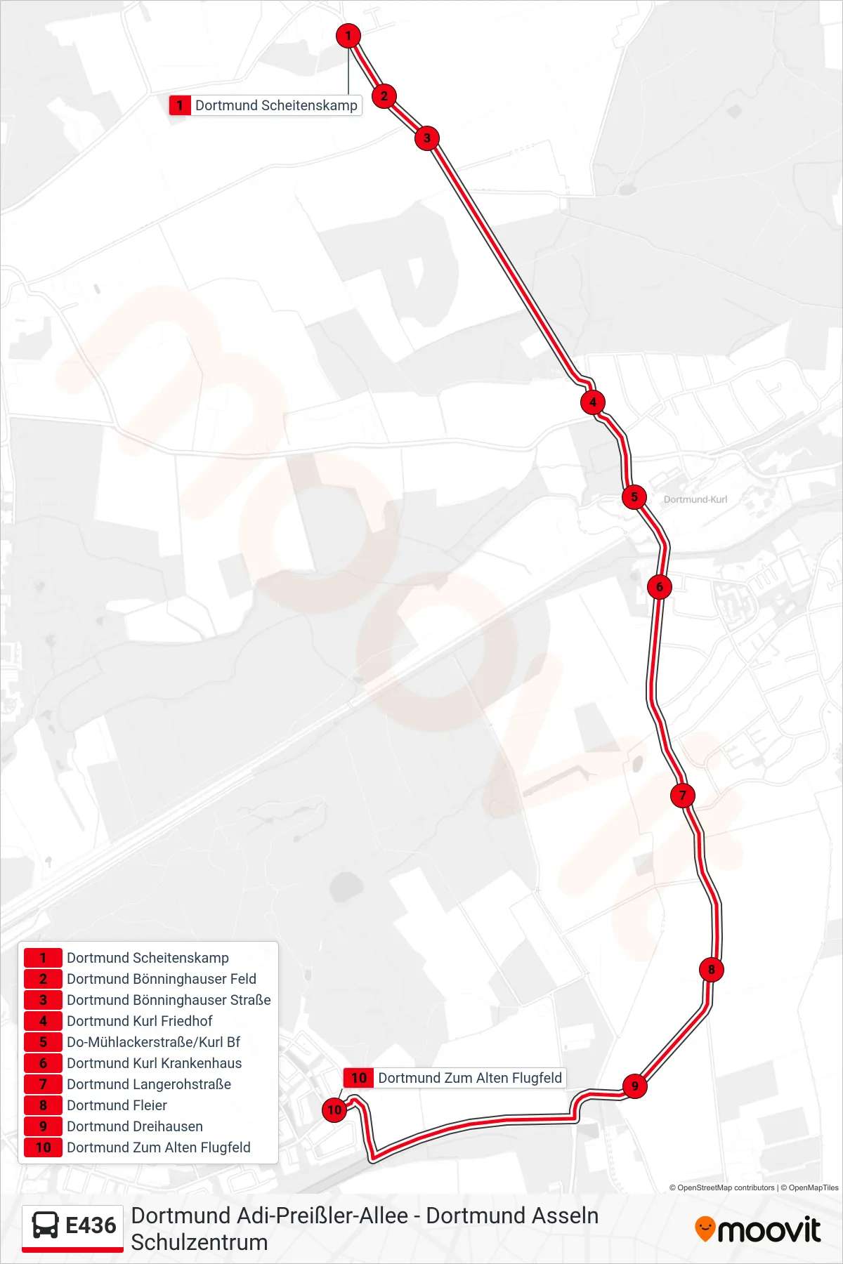 Linie E436 (Bus) Richtung Dortmund Zum Alten Flugfeld: Route und Haltestellen auf der Karte