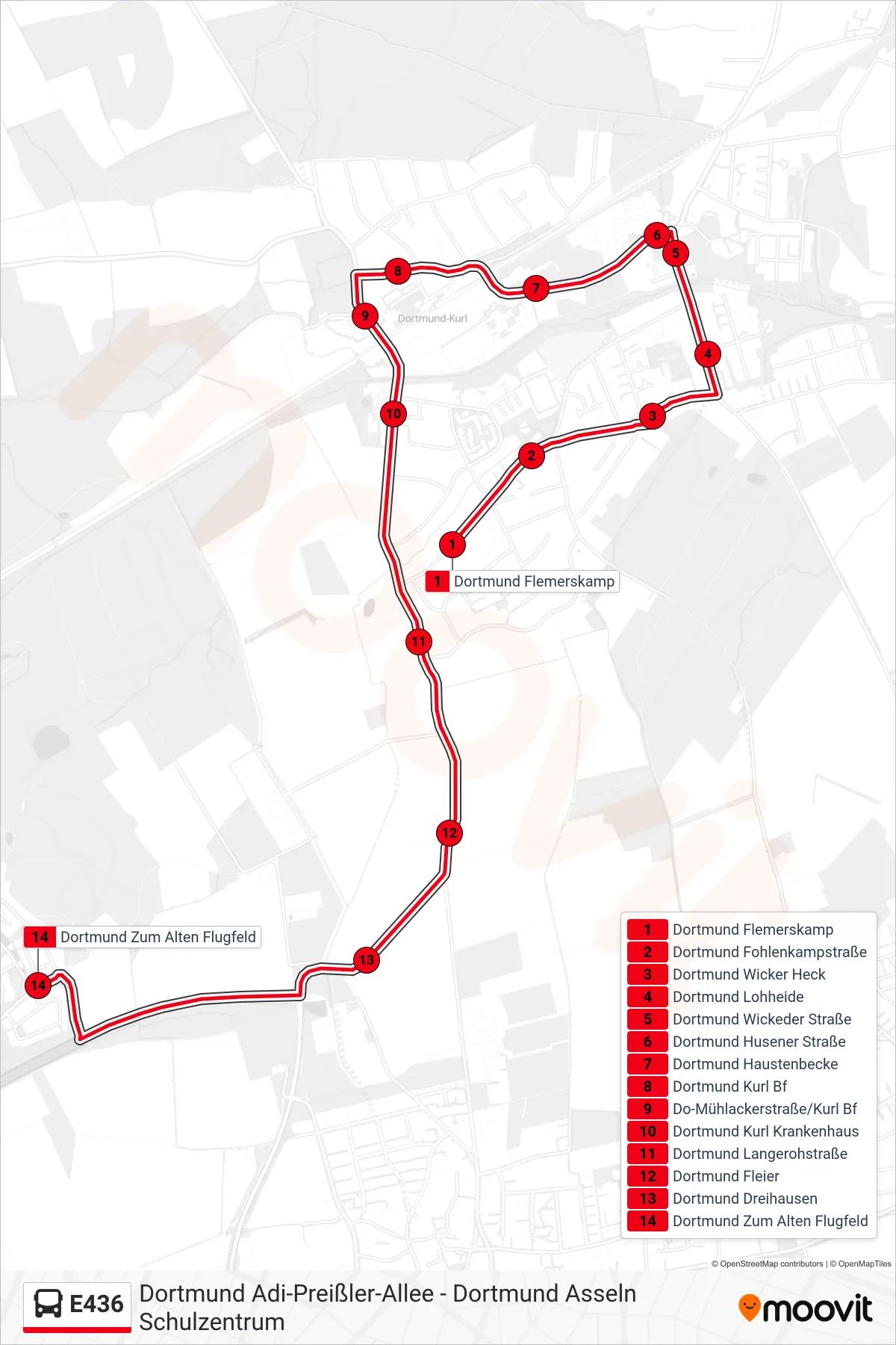 Linie E436 (Bus) Richtung Dortmund Zum Alten Flugfeld: Route und Haltestellen auf der Karte