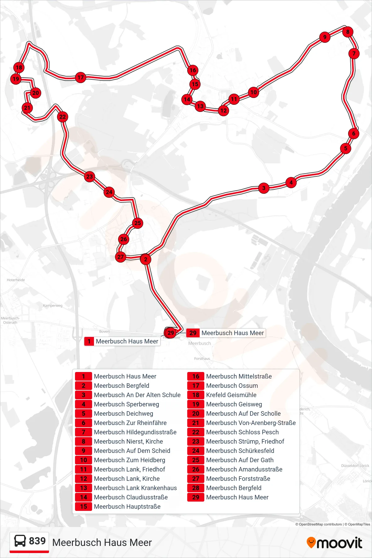 839 bus Line (Meerbusch Haus Meer) route and stops on a map