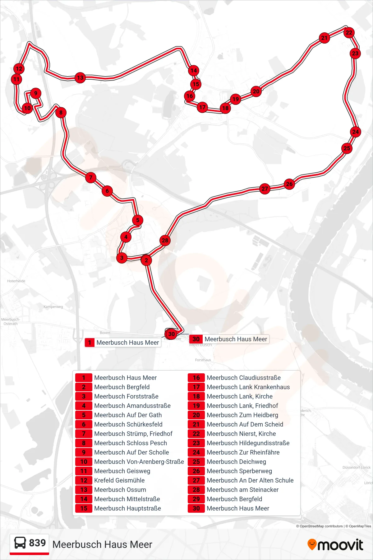 839 bus Line (Meerbusch Haus Meer) route and stops on a map