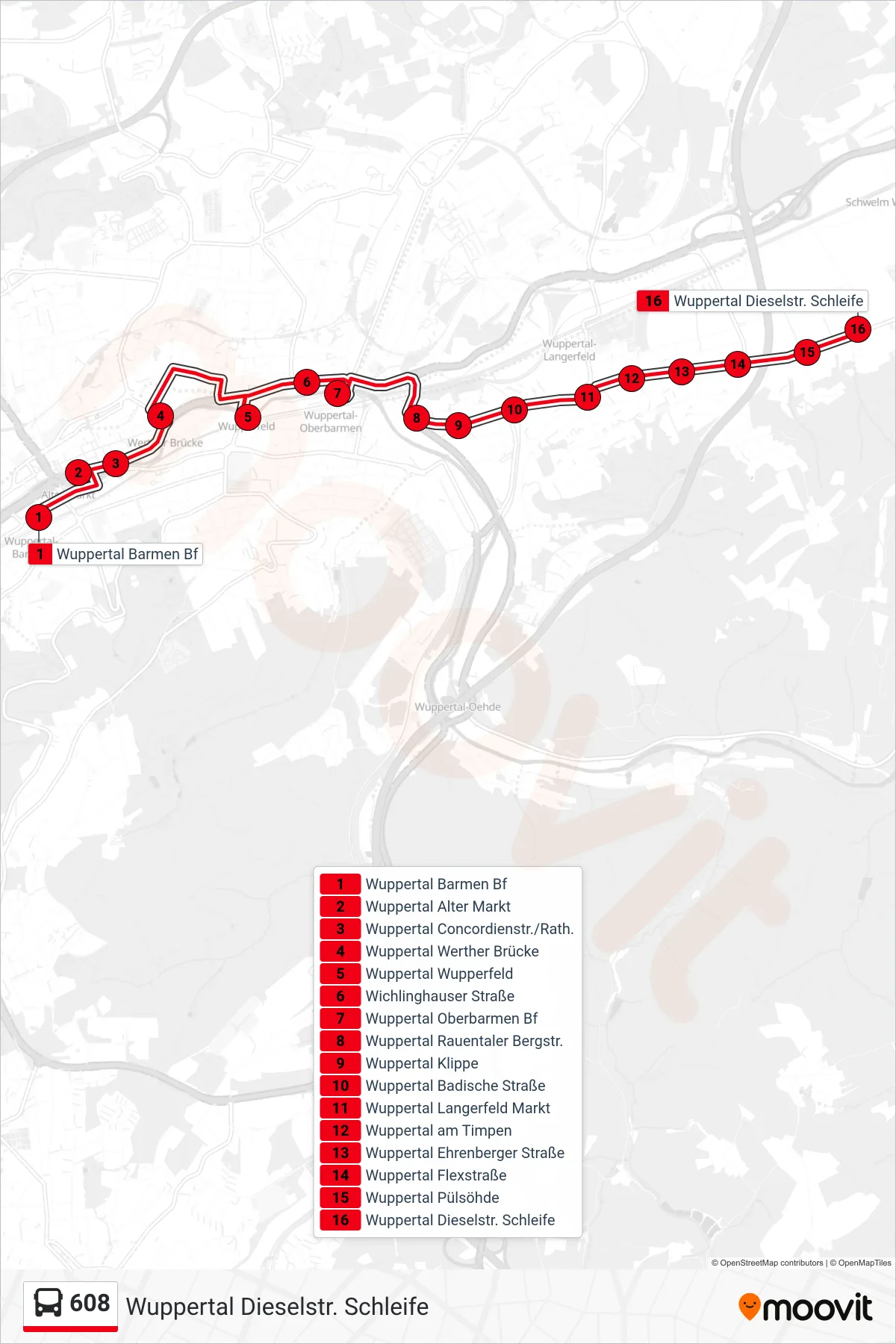 Linie 608 (Bus) Richtung Wuppertal Dieselstr. Schleife: Route und Haltestellen auf der Karte