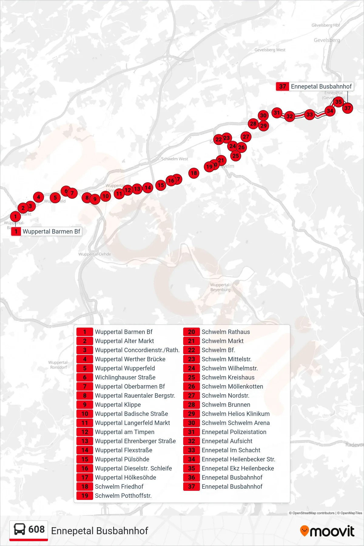 Linie 608 (Bus) Richtung Ennepetal Busbahnhof: Route und Haltestellen auf der Karte