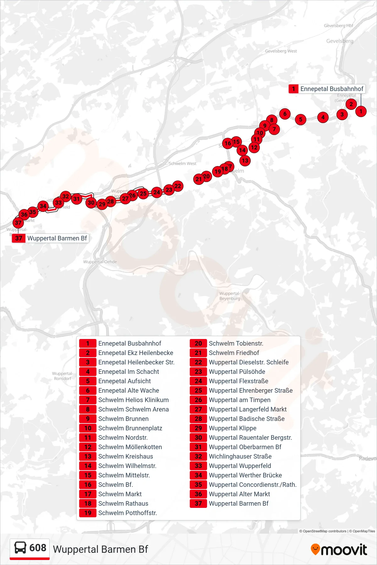 Linie 608 (Bus) Richtung Wuppertal Barmen Bf: Route und Haltestellen auf der Karte
