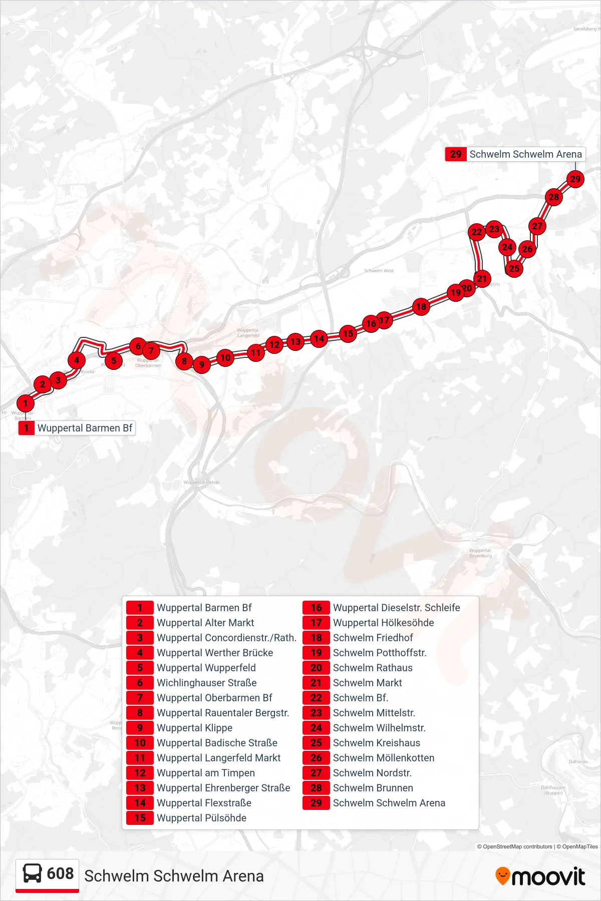 Linie 608 (Bus) Richtung Schwelm Schwelm Arena: Route und Haltestellen auf der Karte