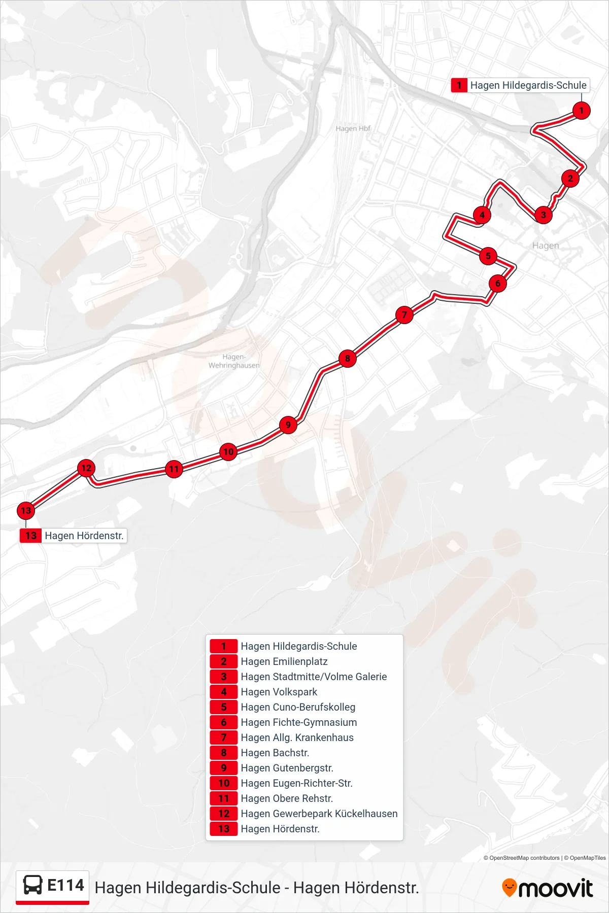 Linie E114 (Bus) Richtung Hagen Hördenstr.: Route und Haltestellen auf der Karte