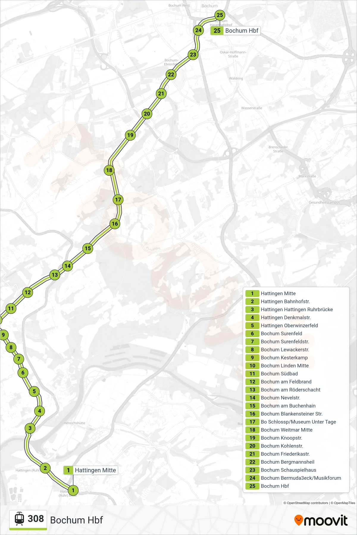 Linie 308 (Straßenbahn) Richtung Bochum Hbf: Route und Haltestellen auf der Karte