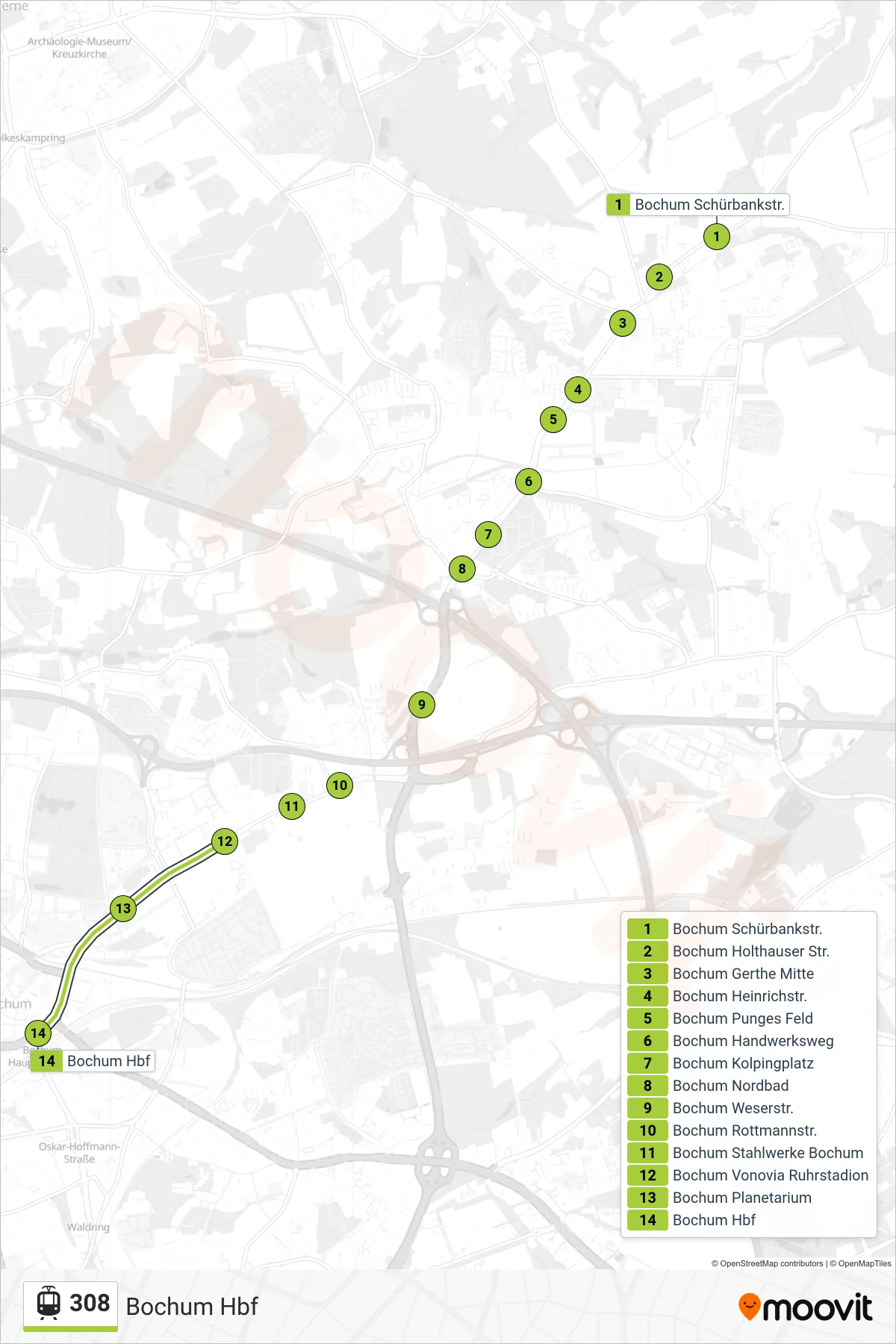 308 light rail Line (Bochum Hbf) route and stops on a map