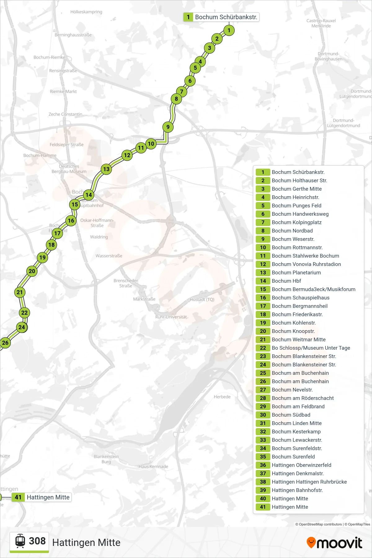 Linie 308 (Straßenbahn) Richtung Hattingen Mitte: Route und Haltestellen auf der Karte