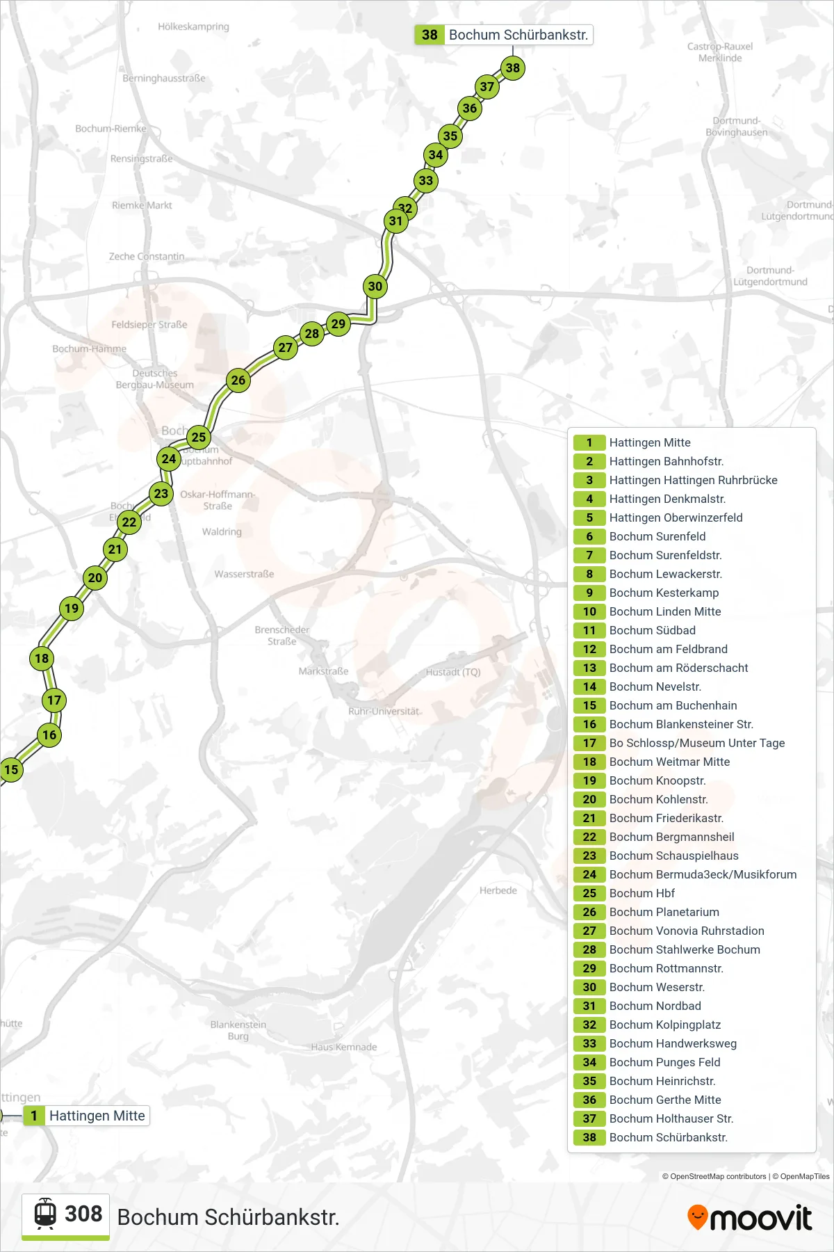 Linie 308 (Straßenbahn) Richtung Bochum Schürbankstr.: Route und Haltestellen auf der Karte