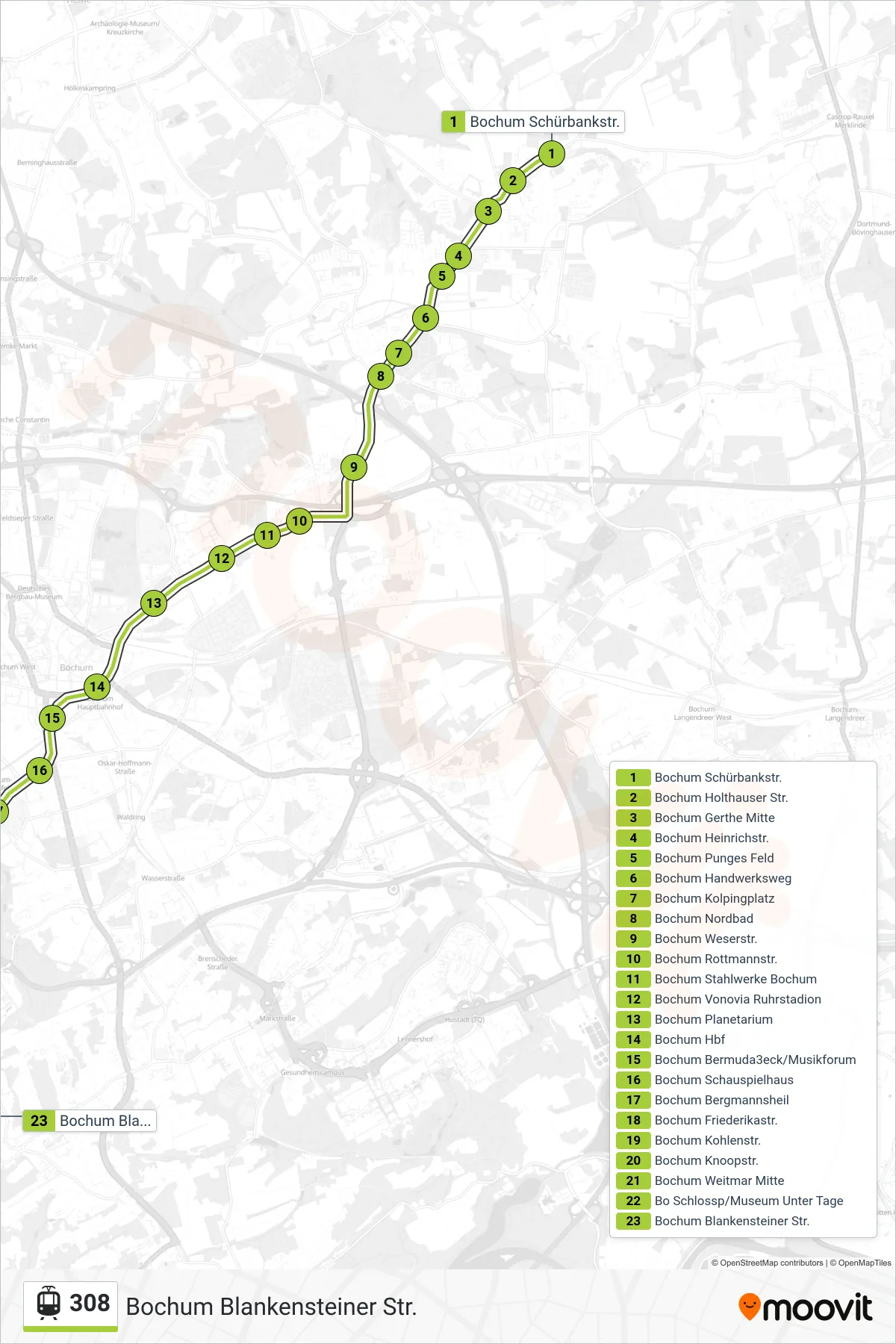 Linie 308 (Straßenbahn) Richtung Bochum Blankensteiner Str.: Route und Haltestellen auf der Karte