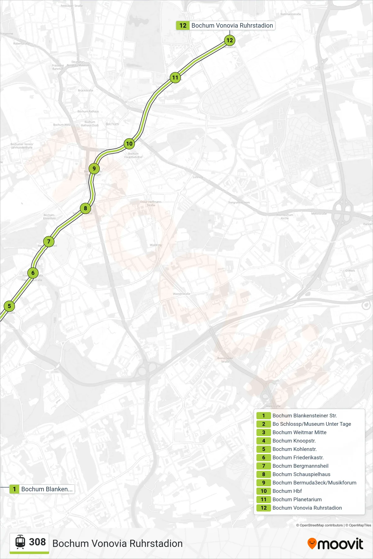 Linie 308 (Straßenbahn) Richtung Bochum Vonovia Ruhrstadion: Route und Haltestellen auf der Karte