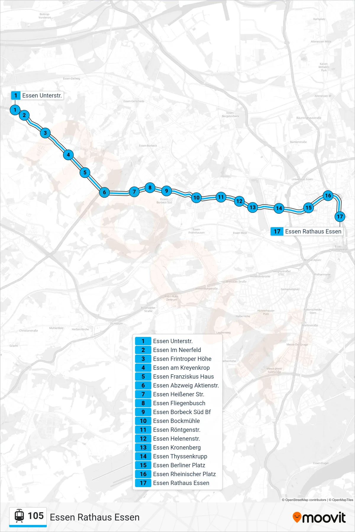 Linie 105 (Straßenbahn) Richtung Essen Rathaus Essen: Route und Haltestellen auf der Karte