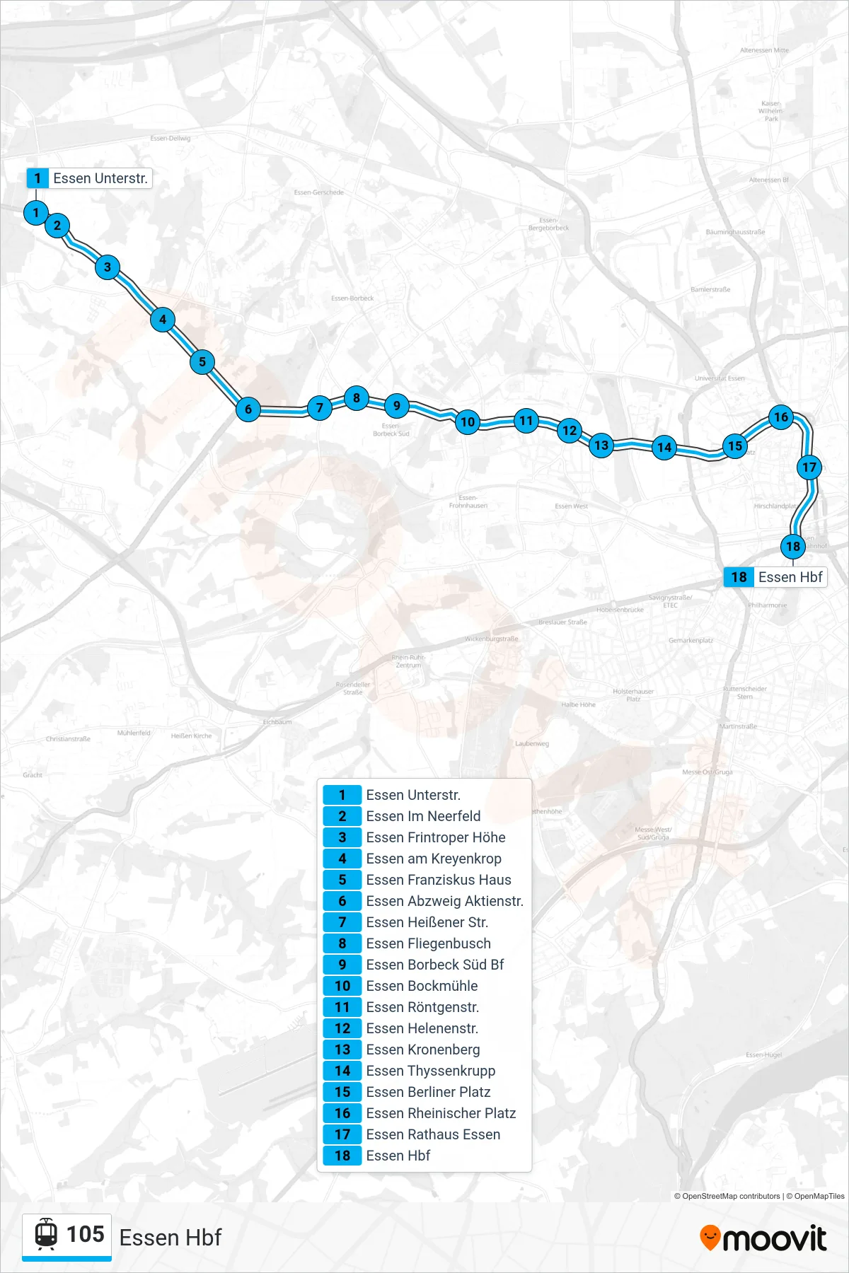 105 light rail Line (Essen Hbf) route and stops on a map