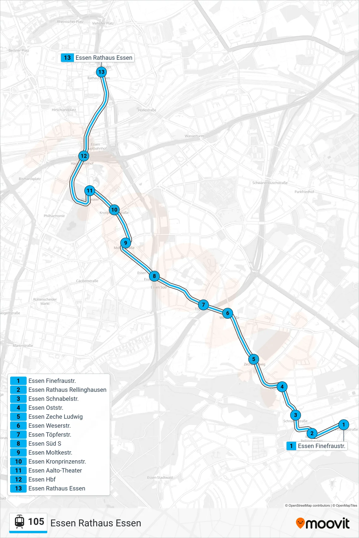 Linie 105 (Straßenbahn) Richtung Essen Rathaus Essen: Route und Haltestellen auf der Karte