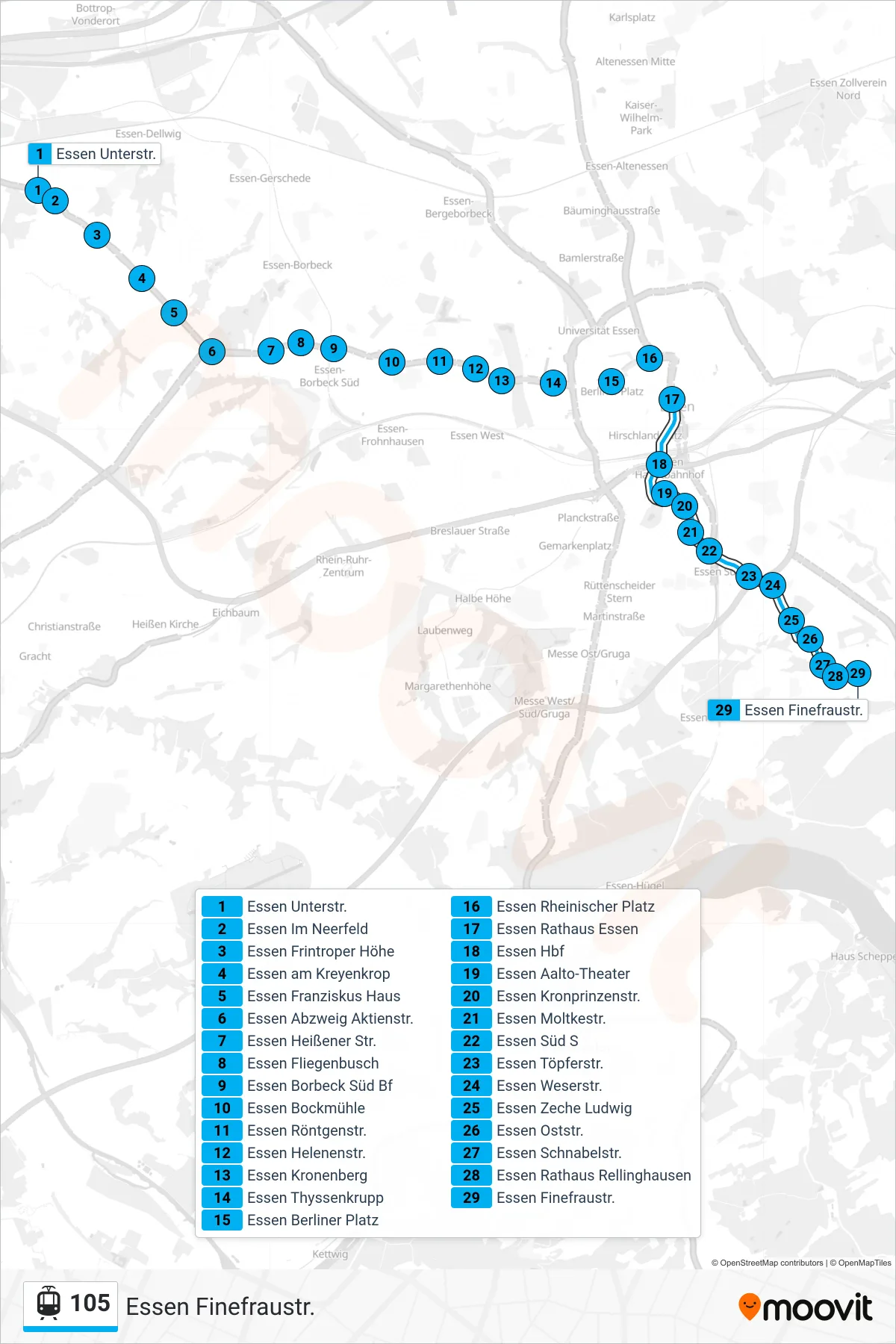 105 light rail Line (Essen Finefraustr.) route and stops on a map
