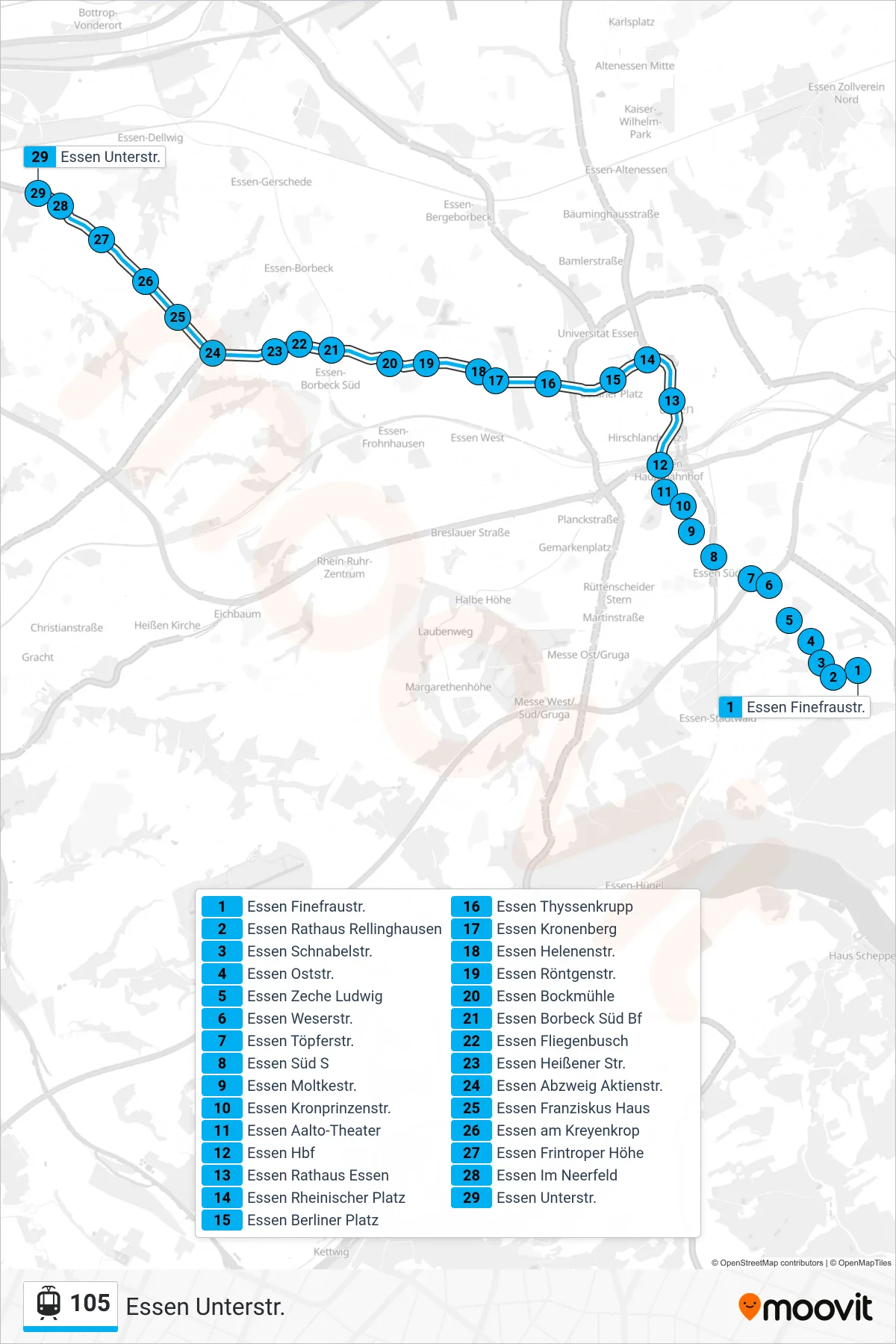 Linie 105 (Straßenbahn) Richtung Essen Unterstr.: Route und Haltestellen auf der Karte