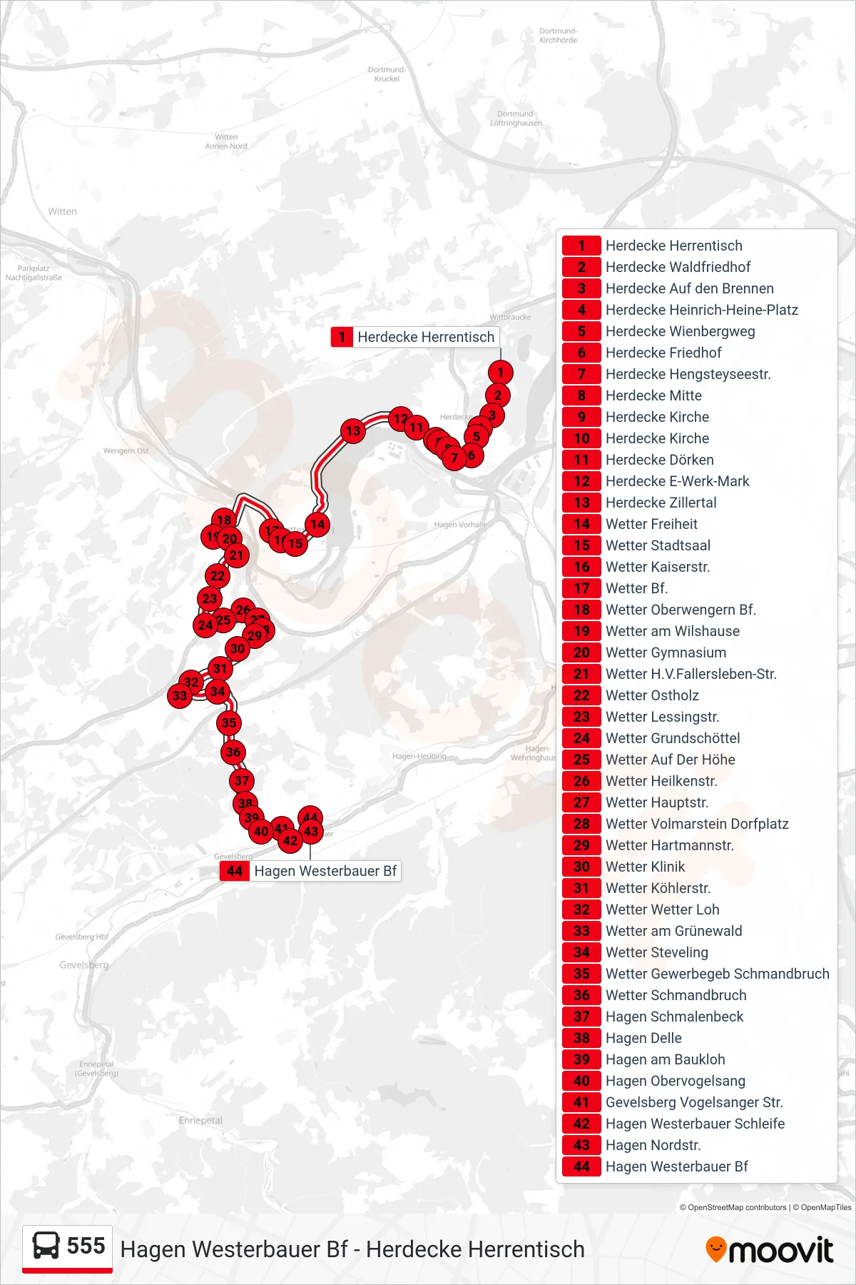 Linie 555 (Bus) Richtung Hagen Westerbauer Bf: Route und Haltestellen auf der Karte
