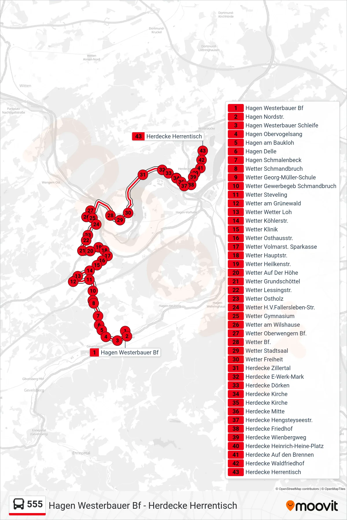 Linie 555 (Bus) Richtung Herdecke Herrentisch: Route und Haltestellen auf der Karte