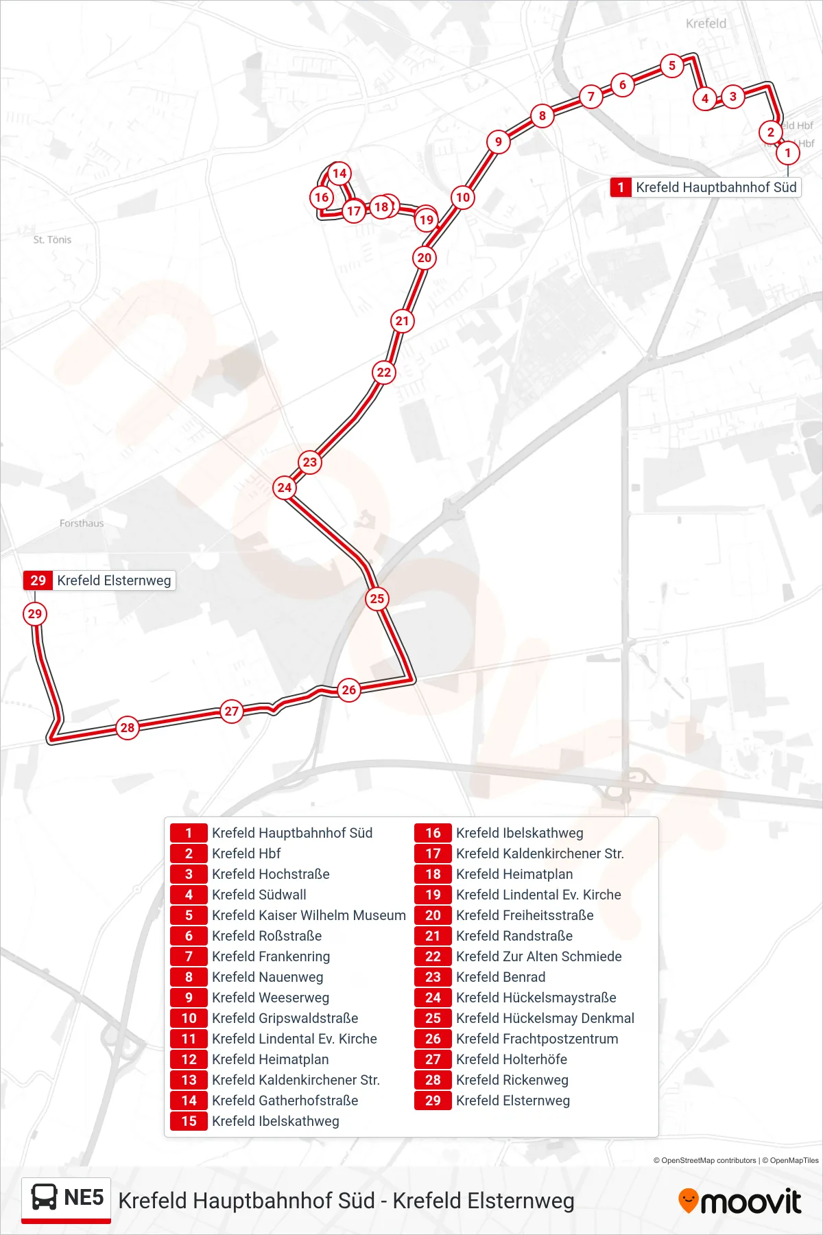 Linie NE5 (Bus) Richtung Krefeld Elsternweg: Route und Haltestellen auf der Karte